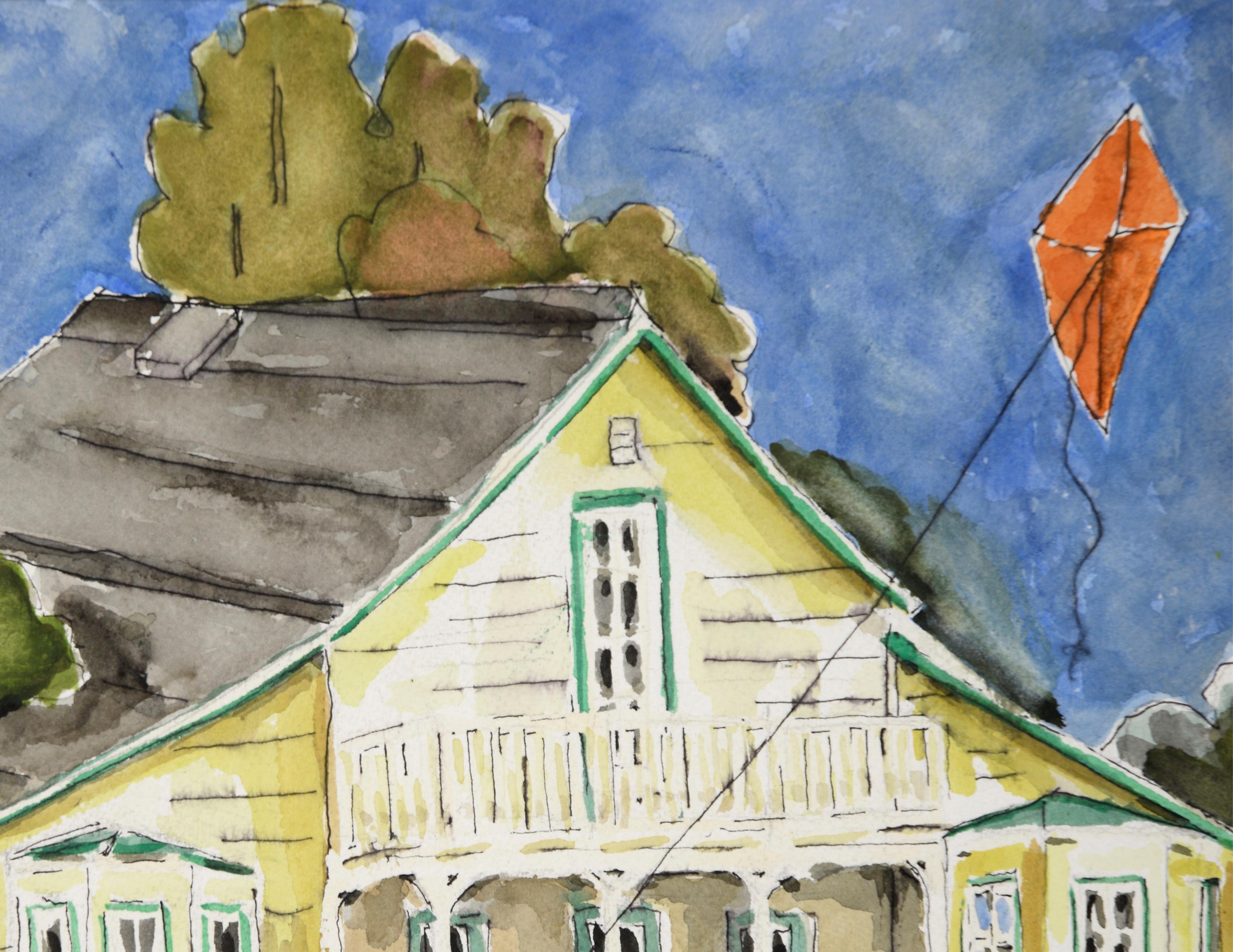 Shops in a Small Town – Original-Aquarell auf Papier

Schönes Aquarell eines Hauses im Landhausstil von Ken L. Stephens (Amerikaner, 20. Jahrhundert). Zwei Kinder lassen vor dem fröhlichen gelben Haus einen orangefarbenen Drachen steigen. Das Haus