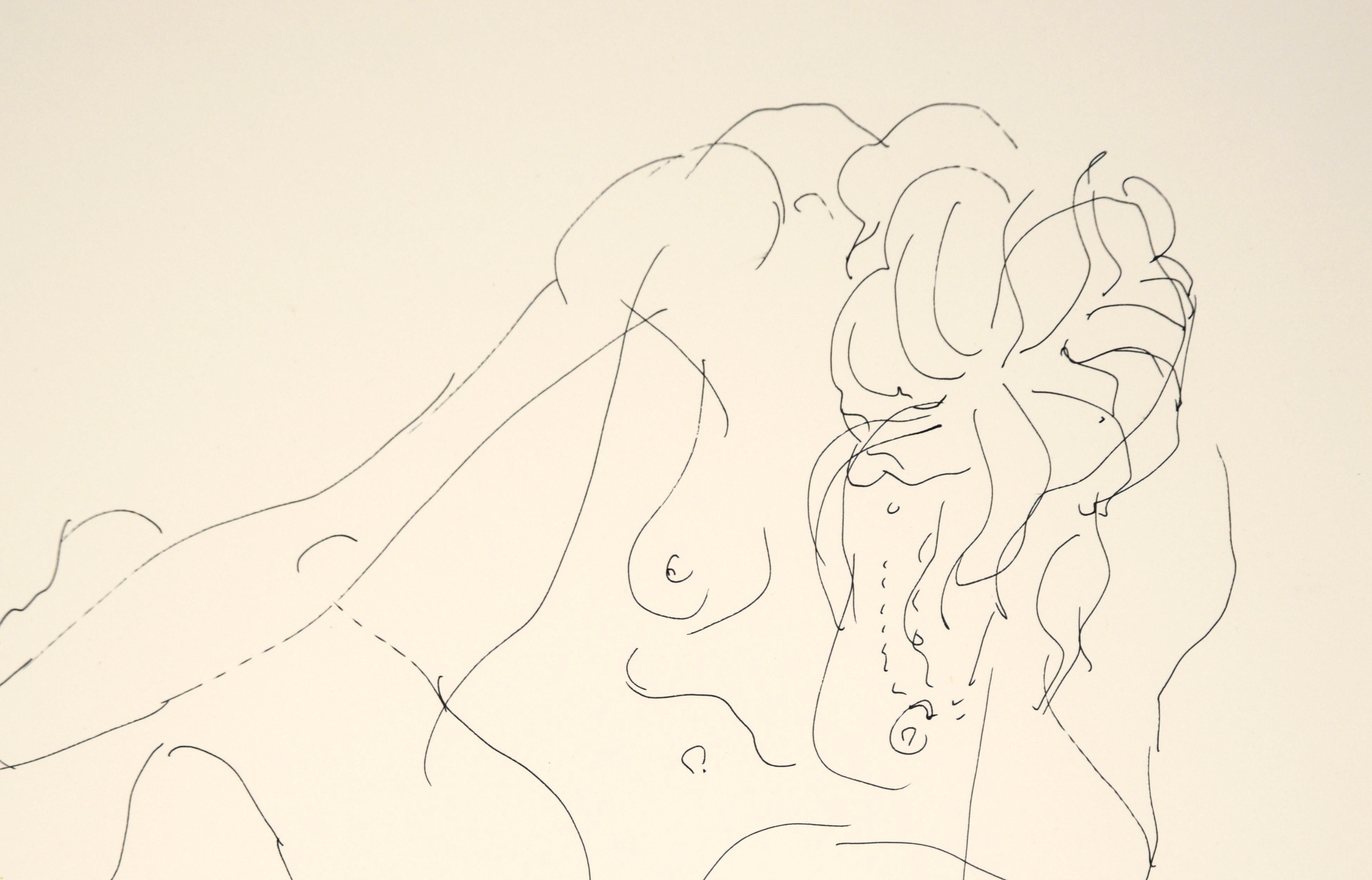 Desnudo femenino solitario - Dibujo lineal original sobre papel

Dibujo lineal a tinta de un desnudo femenino. Un delicado trabajo de líneas con mucho movimiento representa a una mujer sentada. Tiene el brazo izquierdo apoyado en la rodilla y apoya