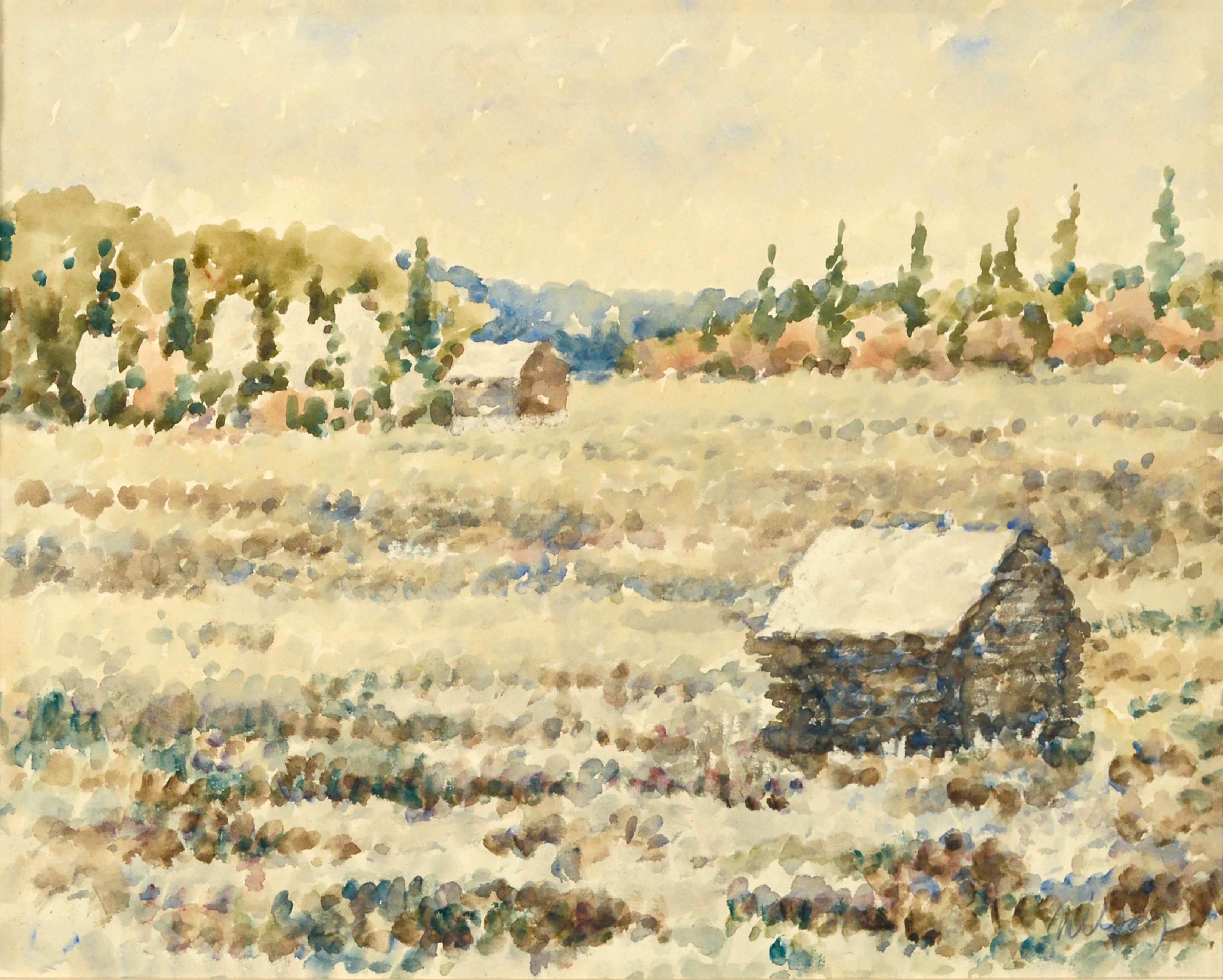 Cabine de campagne du milieu du siècle Pointilliste Aquarelle Paysage - Art de T. Nilson