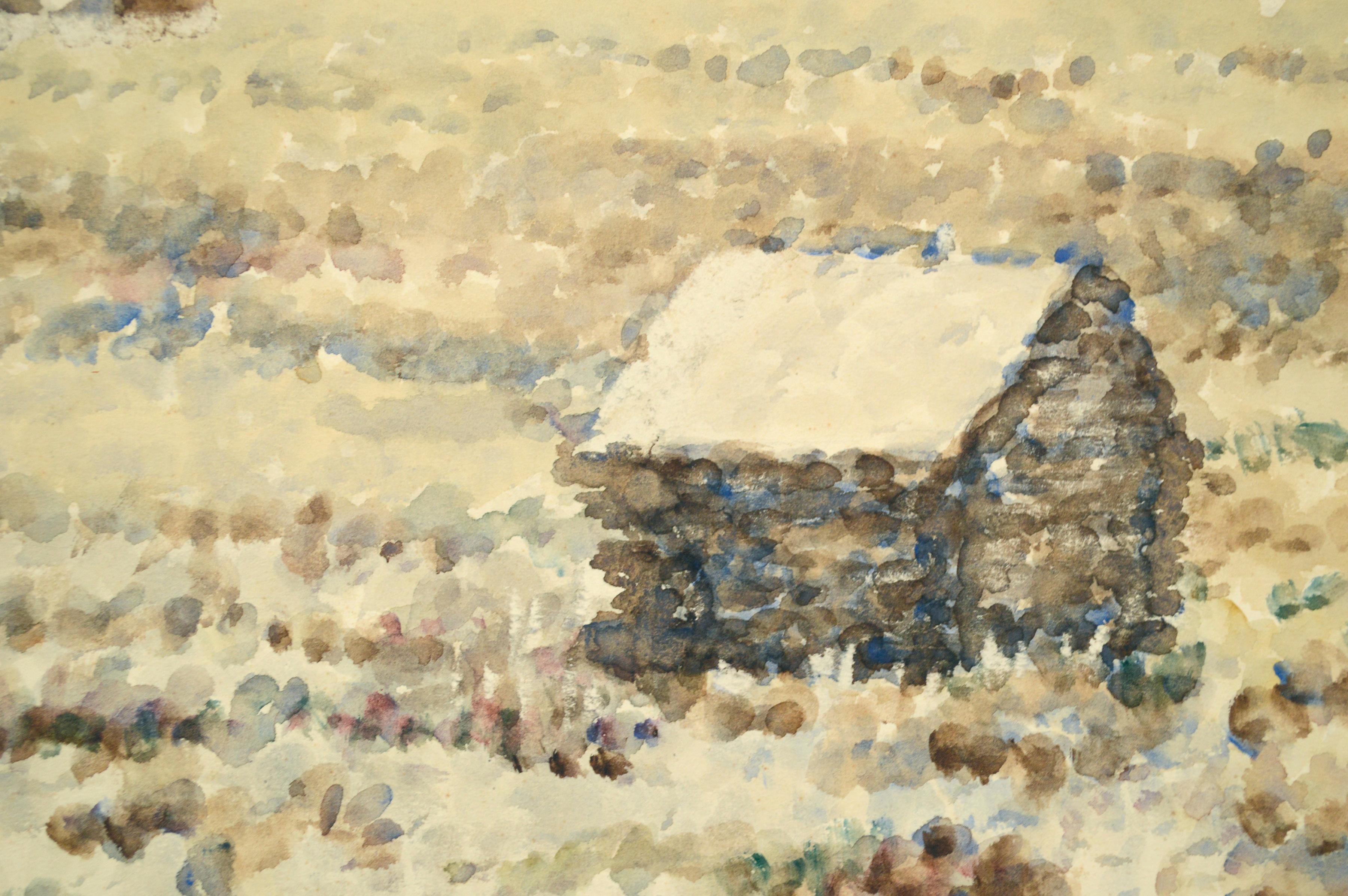 Cabine de campagne du milieu du siècle Pointilliste Aquarelle Paysage - Pointillisme Art par T. Nilson