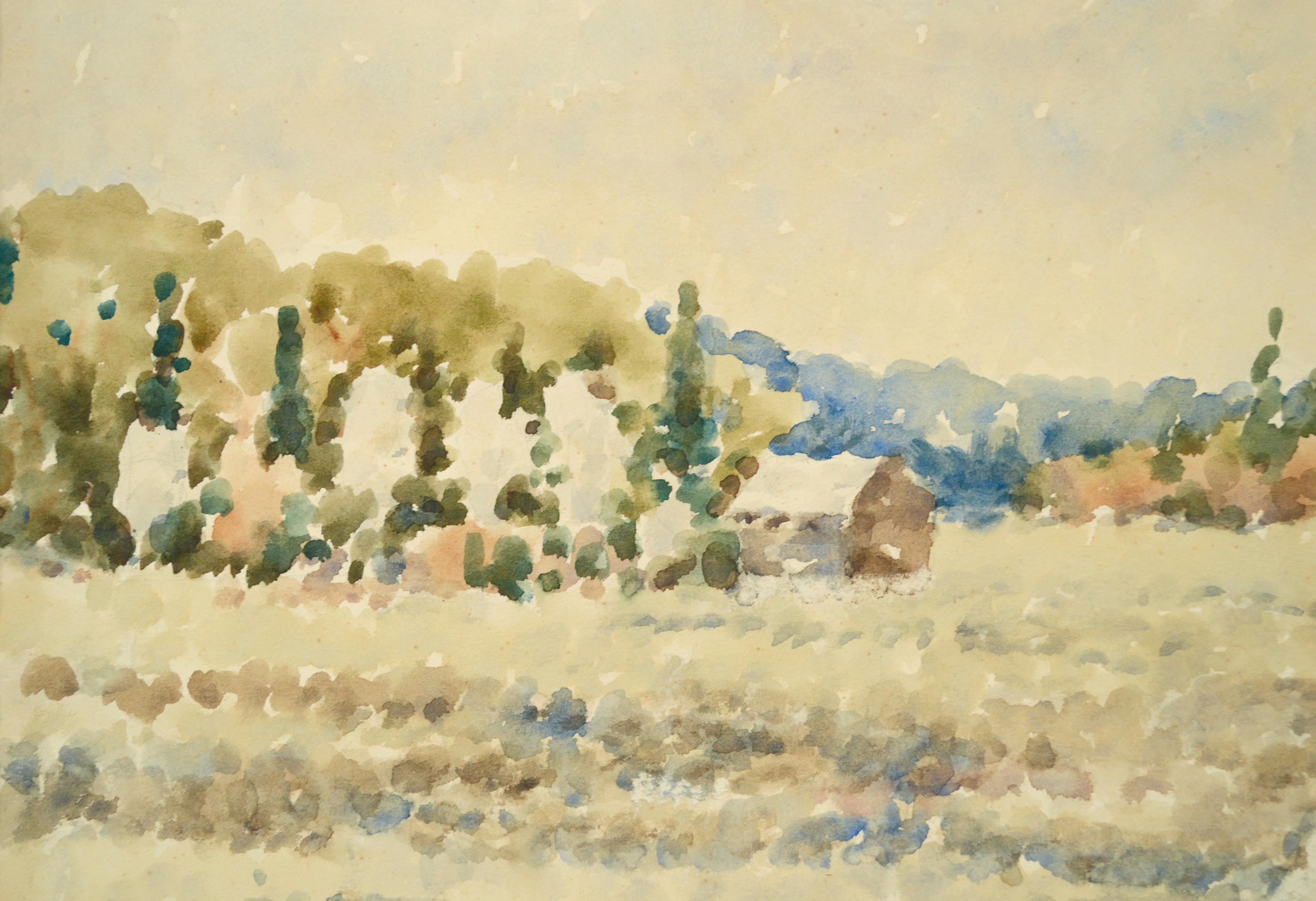 Cabine de campagne du milieu du siècle Pointilliste Aquarelle Paysage - Beige Landscape Art par T. Nilson
