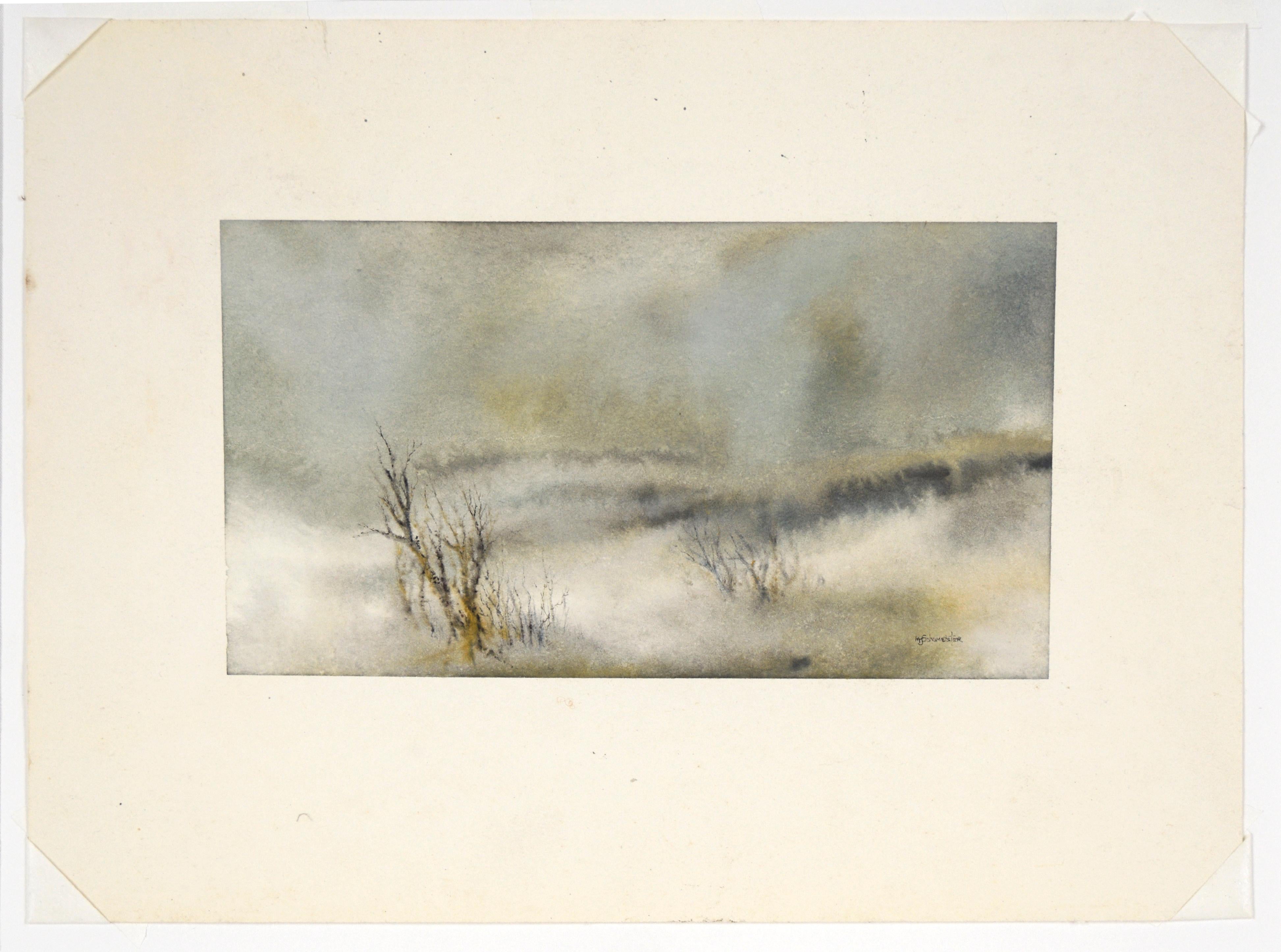 Atmospheric Watercolor Landscape - Fog with Delicate Trees - Contemporary Art by MY Schumeister