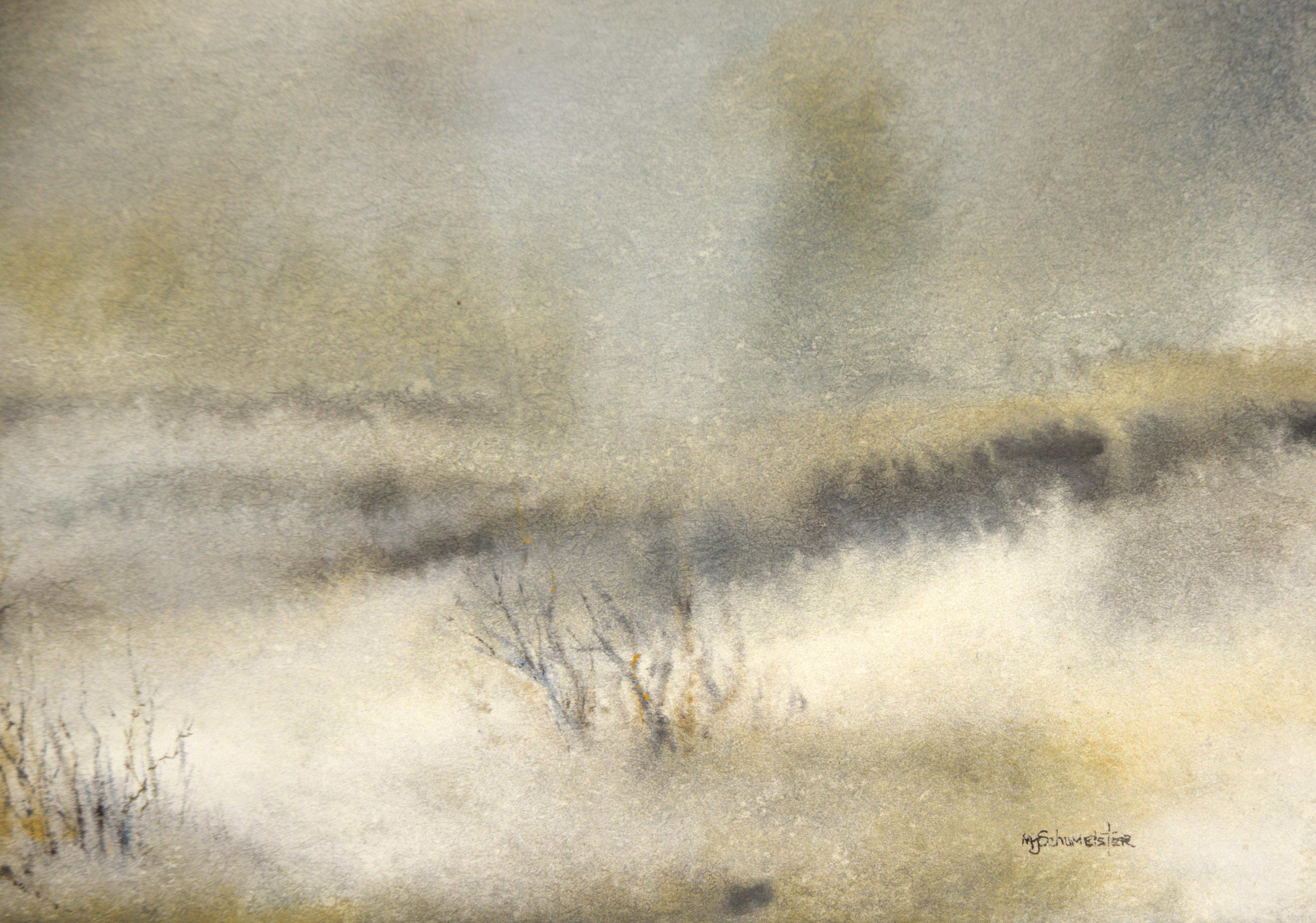 Atmospheric Watercolor Landscape - Fog with Delicate Trees - Art by MY Schumeister