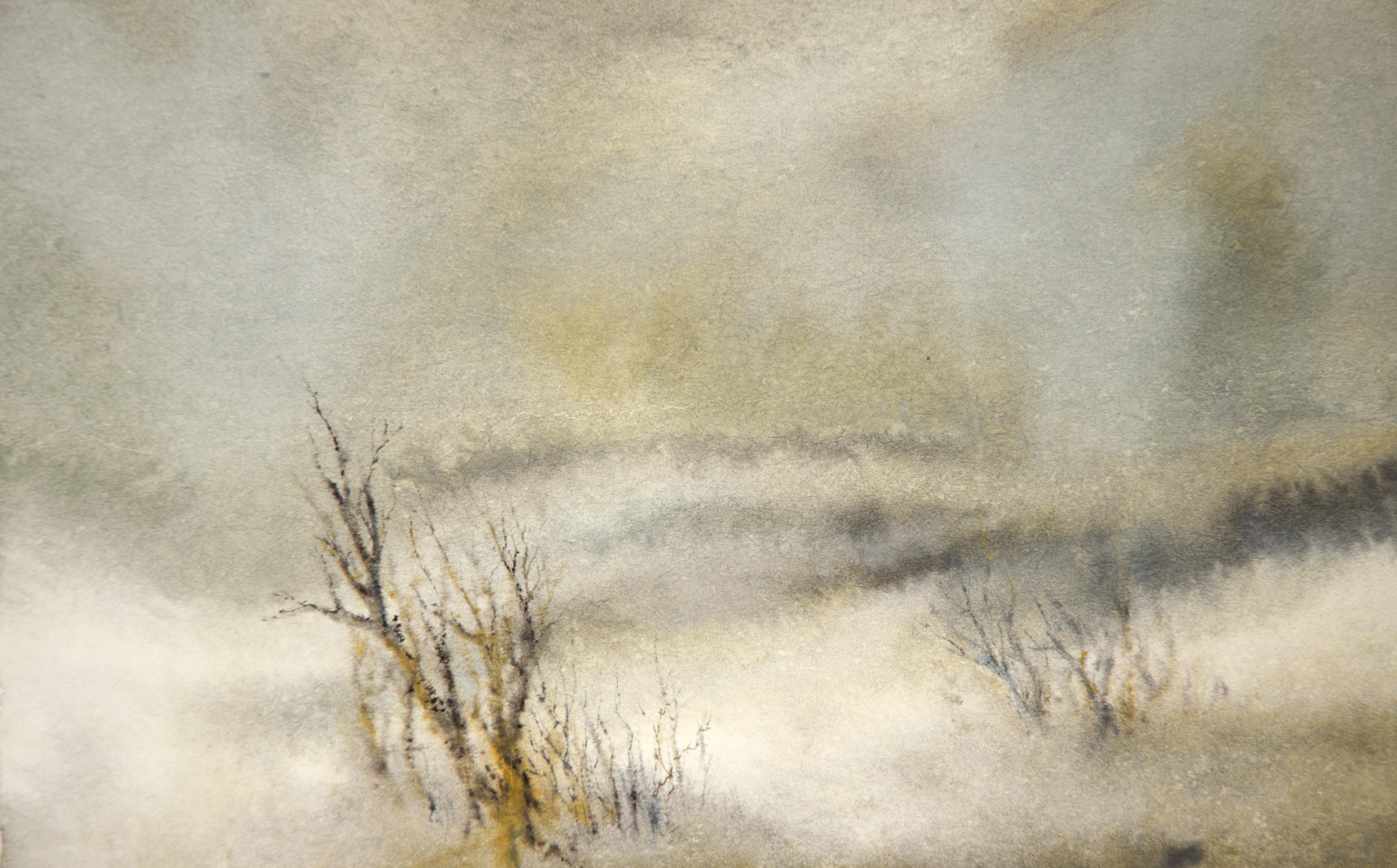 Atmospheric Watercolor Landscape - Fog with Delicate Trees - Gray Landscape Art by MY Schumeister