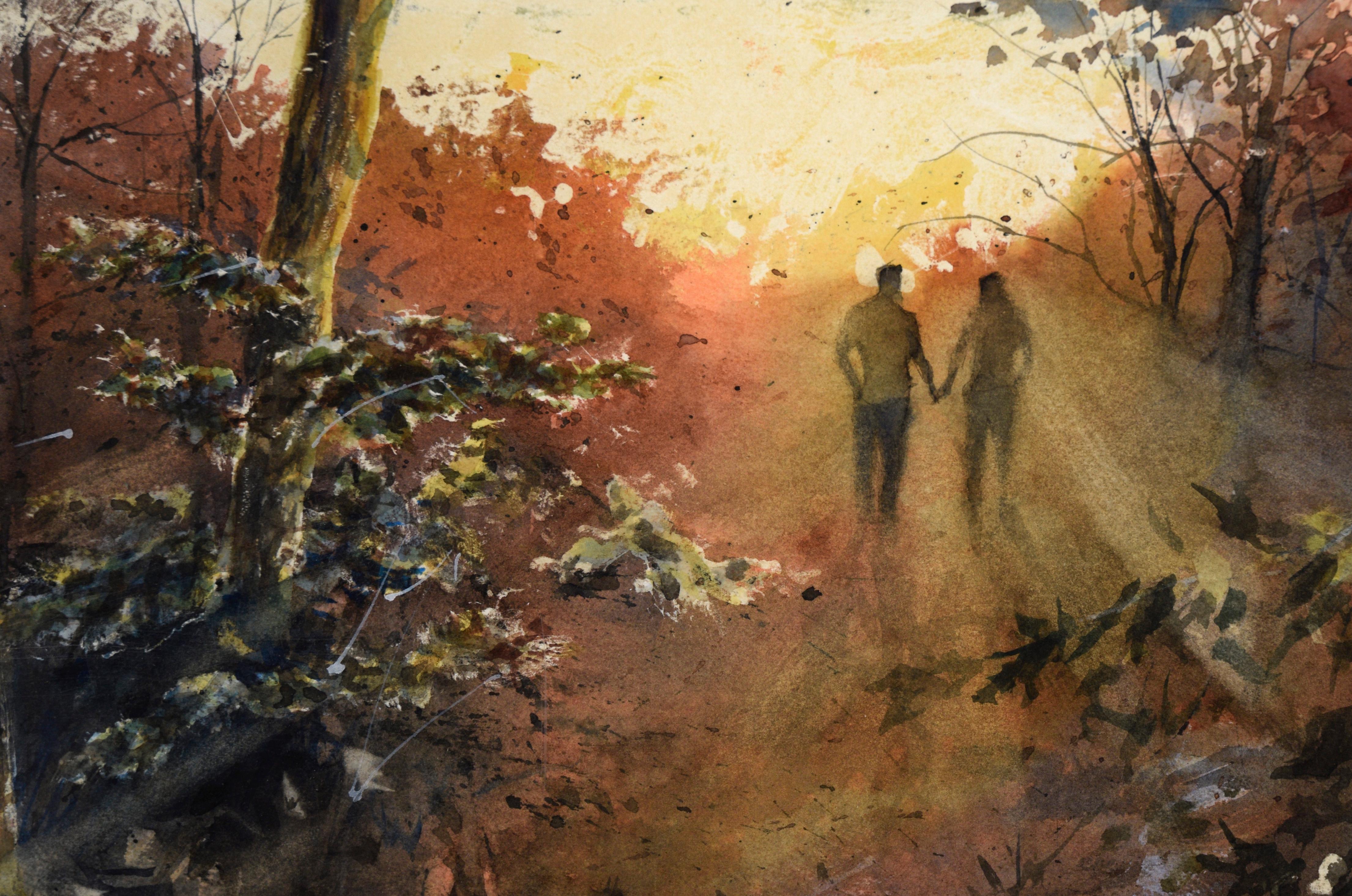 „Nature Walk“ Waldlandschaft in Aquarell auf Papier, mit Notiz des Künstlers (Schwarz), Landscape Art, von Douglas W. Trowbridge