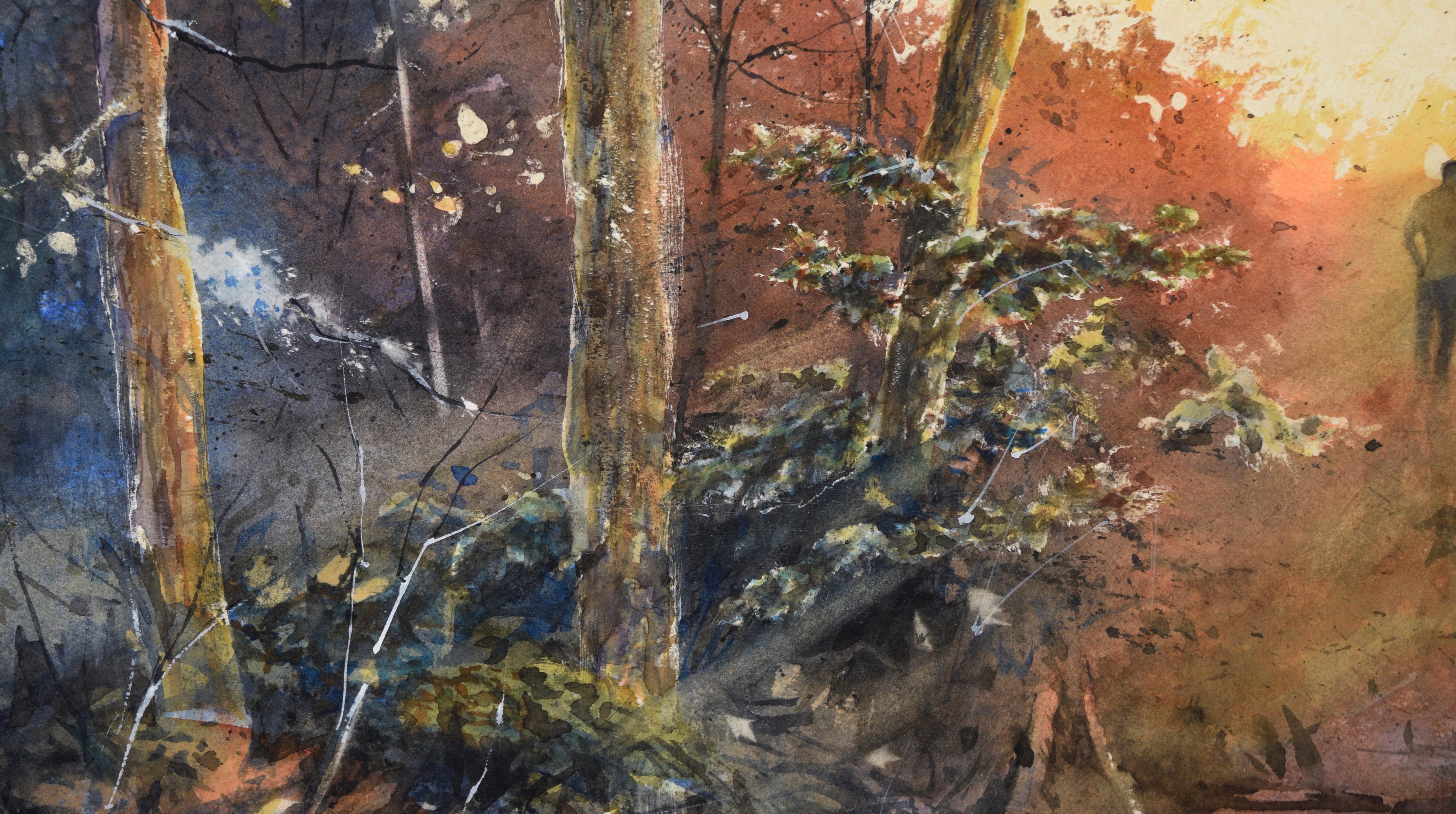„Nature Walk“ Waldlandschaft in Aquarell auf Papier, mit Notiz des Künstlers (Amerikanischer Impressionismus), Art, von Douglas W. Trowbridge