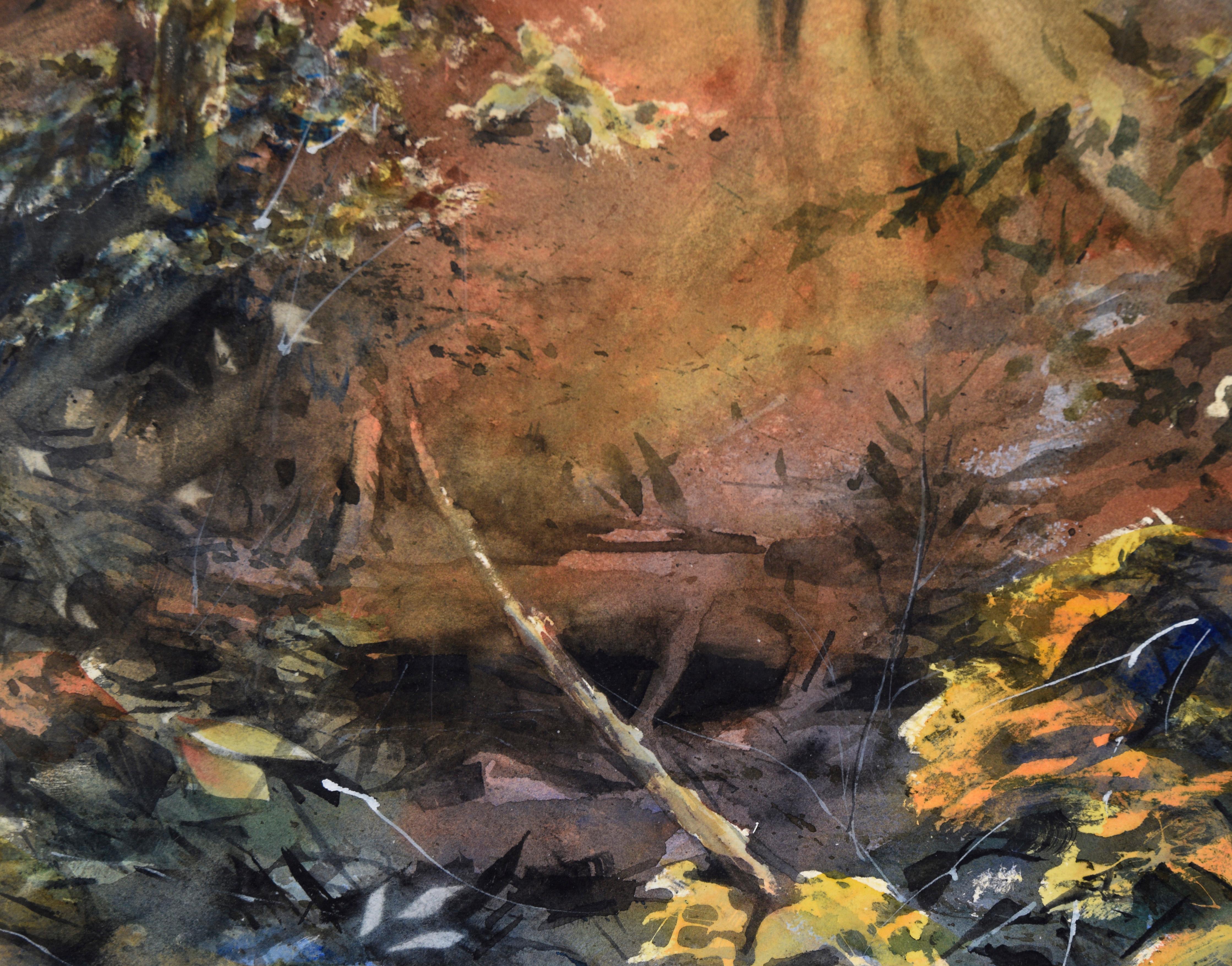 „Nature Walk“ Waldlandschaft in Aquarell auf Papier, mit Notiz des Künstlers

Dramatische Landschaft bei Sonnenuntergang von dem bekannten Aquarellisten Douglas W. Trowbridge (Amerikaner, geb. 1960).

Signiert und datiert 