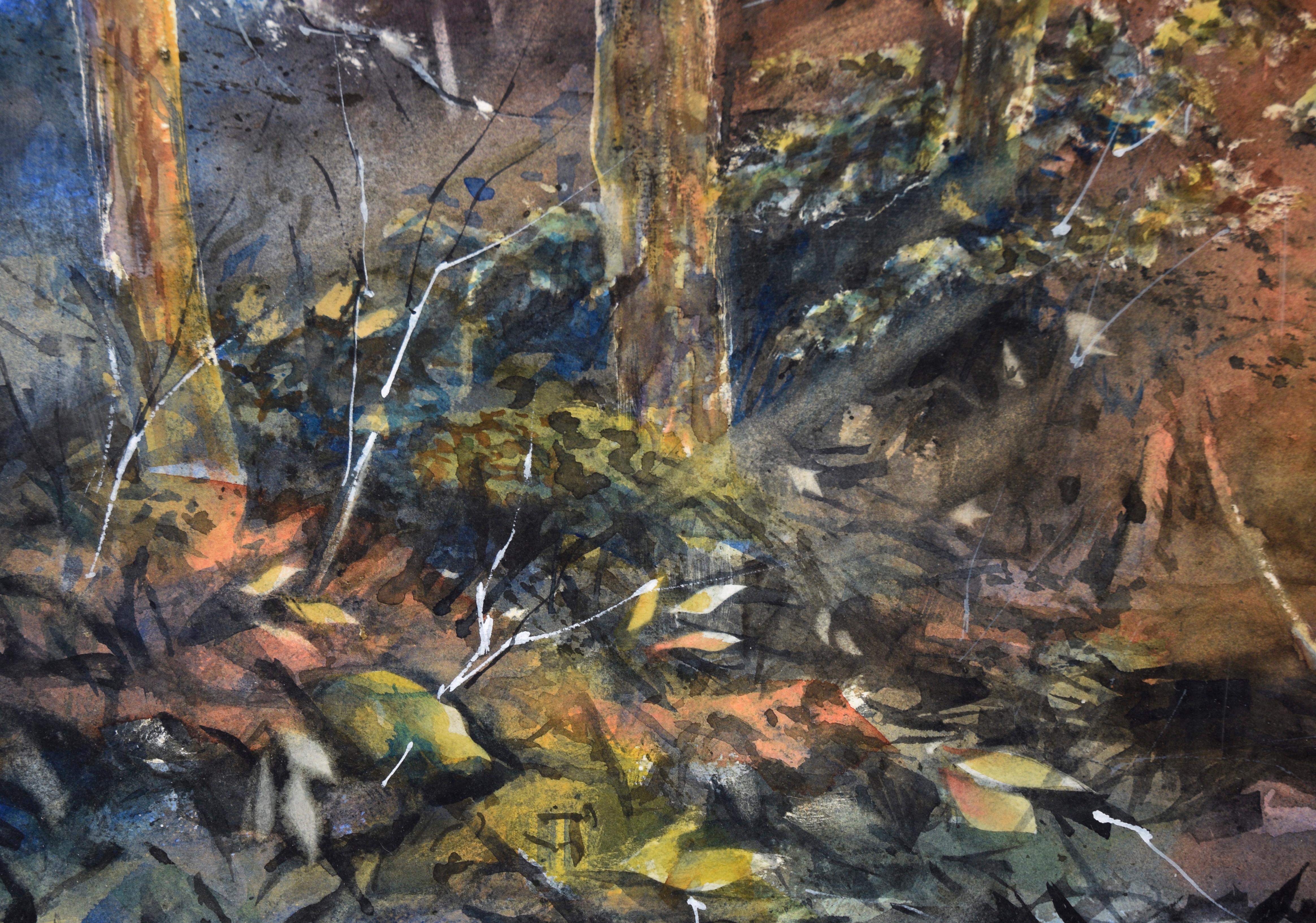 „Nature Walk“ Waldlandschaft in Aquarell auf Papier, mit Notiz des Künstlers im Angebot 1
