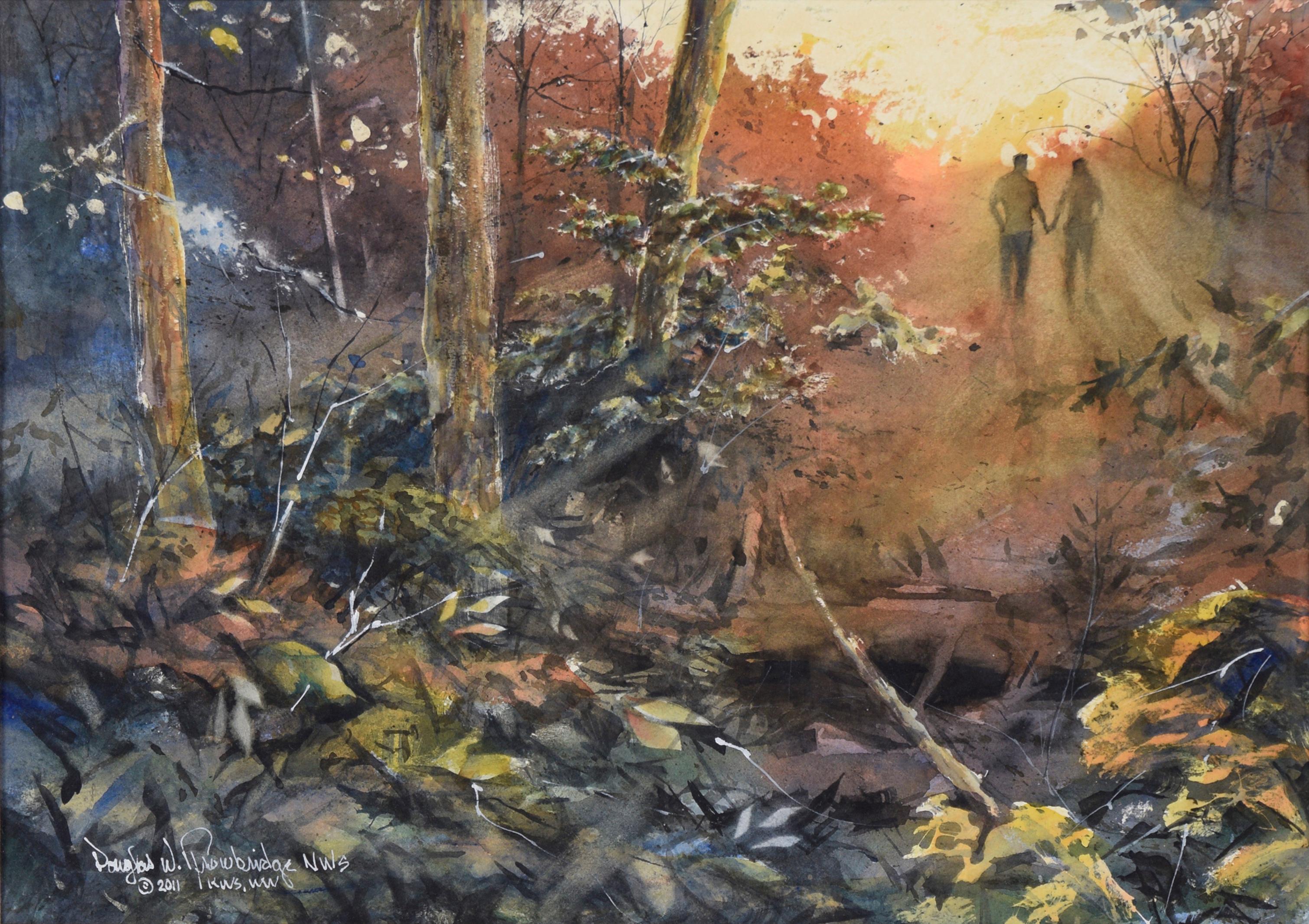 „Nature Walk“ Waldlandschaft in Aquarell auf Papier, mit Notiz des Künstlers – Art von Douglas W. Trowbridge