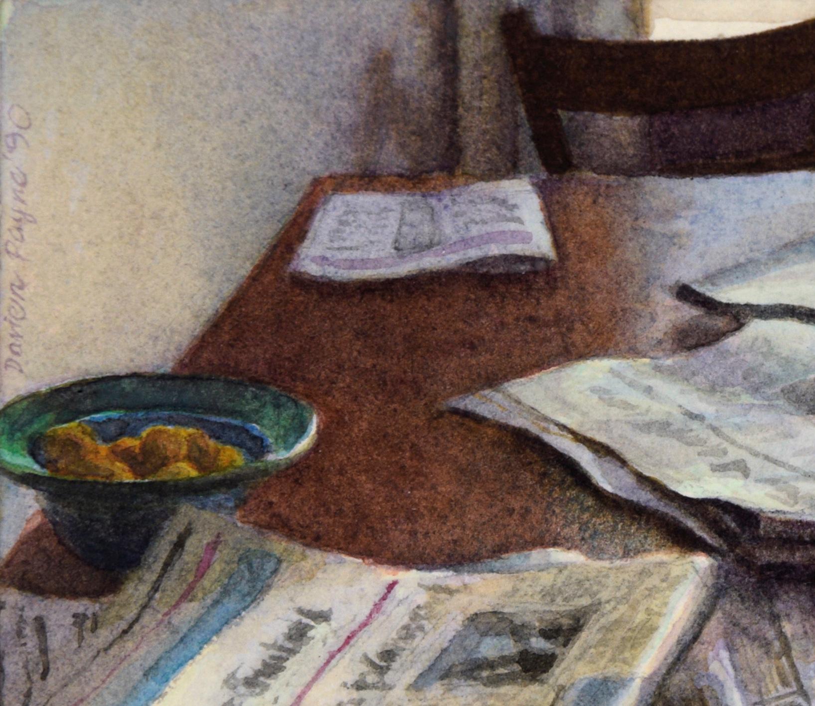 Journaux sur la table - Nature morte miniature à l'aquarelle sur papier épais

Aquarelle finement détaillée de l'artiste californien Darien Payne (américain, né en 1951). Des journaux et quelques autres objets sont éparpillés sur une table. La