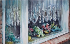Large Scale Original Still Life -- Windowsill with Flowers & Lace Curtains