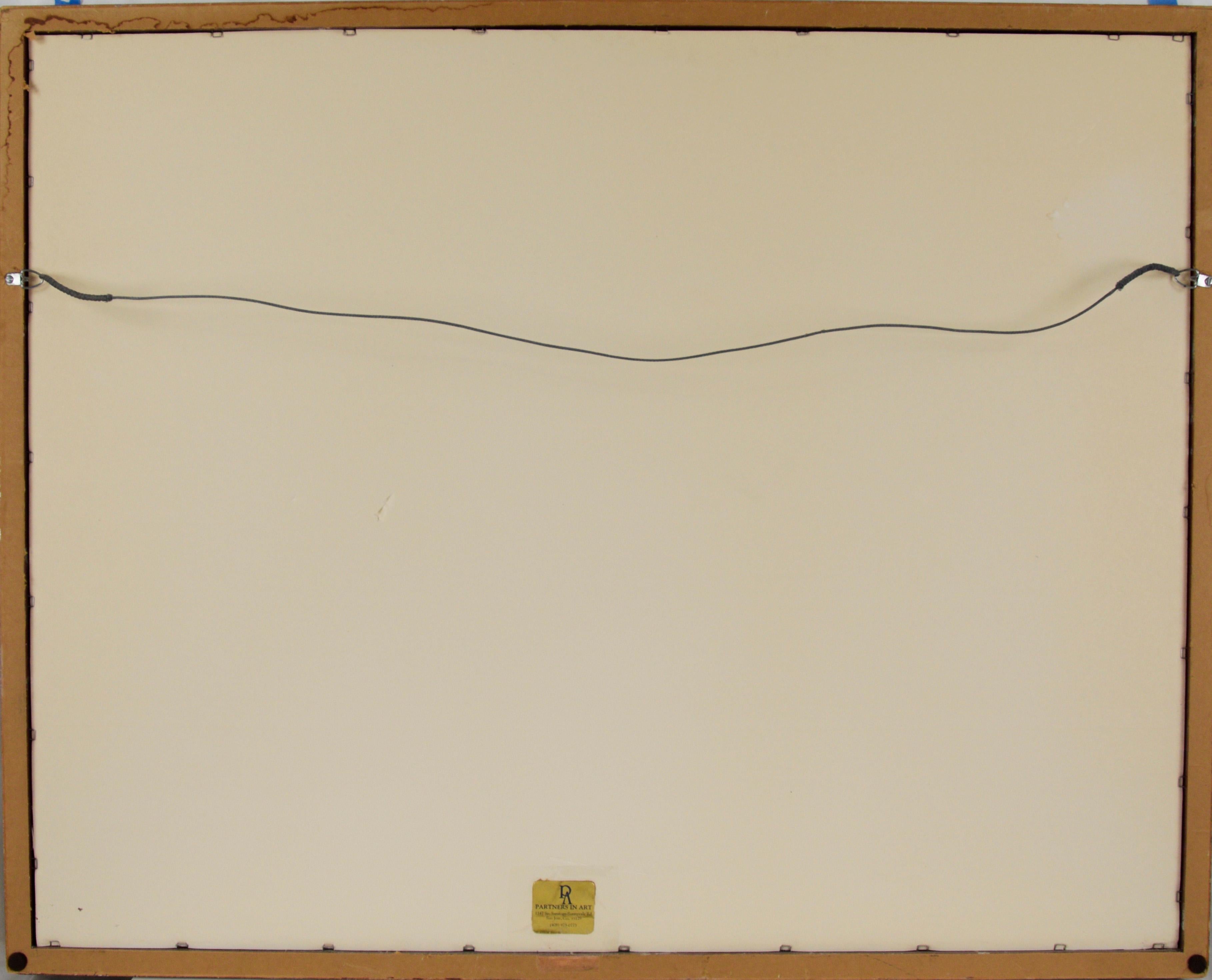 Dans cette nature morte aquarellée à grande échelle de l'artiste californienne Kay Duffy (née en 1942), des fleurs colorées se détachent d'un magnifique rebord de fenêtre, sous un rideau de dentelle. Les ombres bleues sont présentes dans les zones