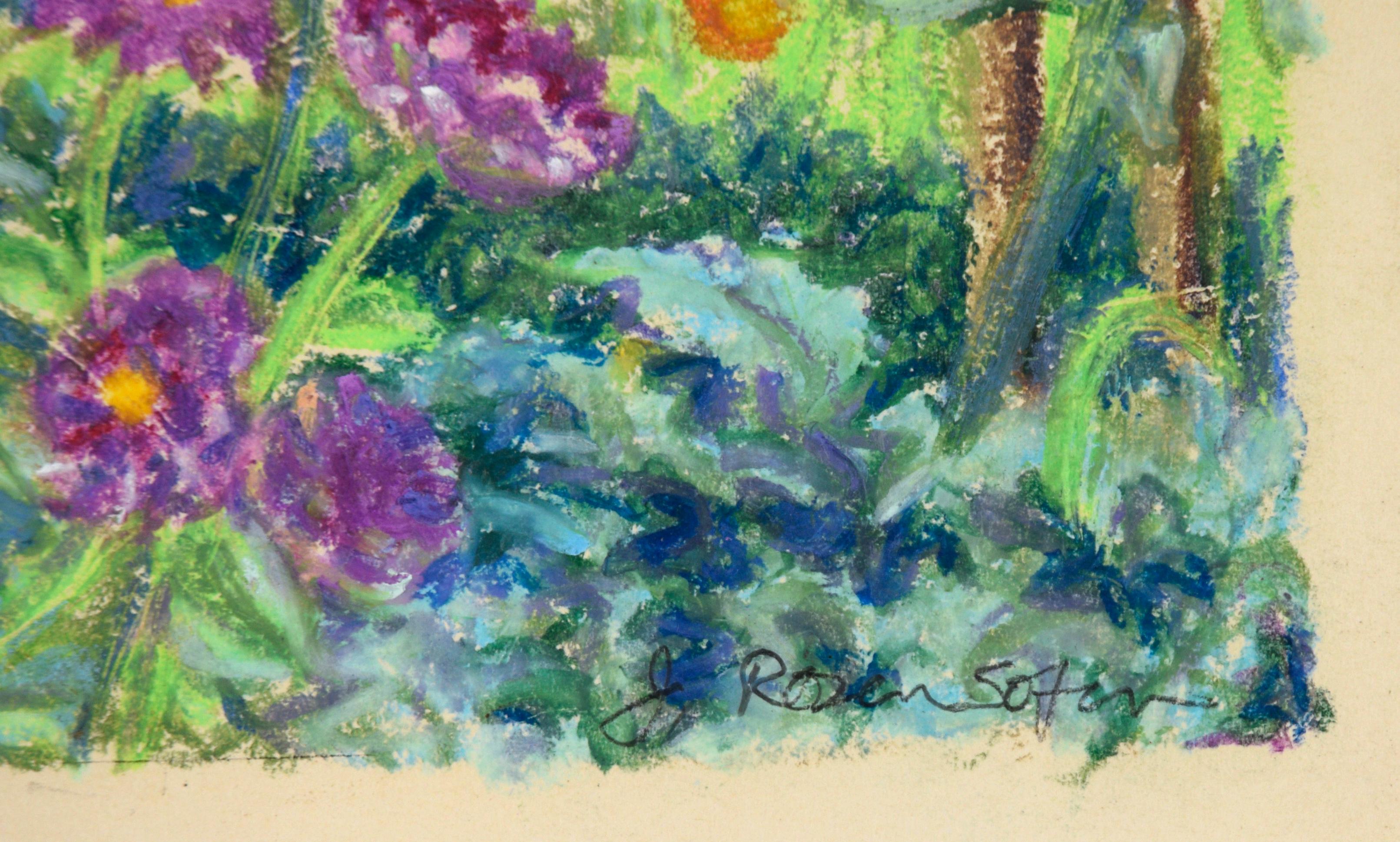 Wildflower Plein Aire Landscape in Pastel on Paper

Colorful miniature landscape by California artist Jeanne Rosen Sofen (American, b. 1954). This piece has various California wildflowers, including sunflowers and golden poppies. The scene is full