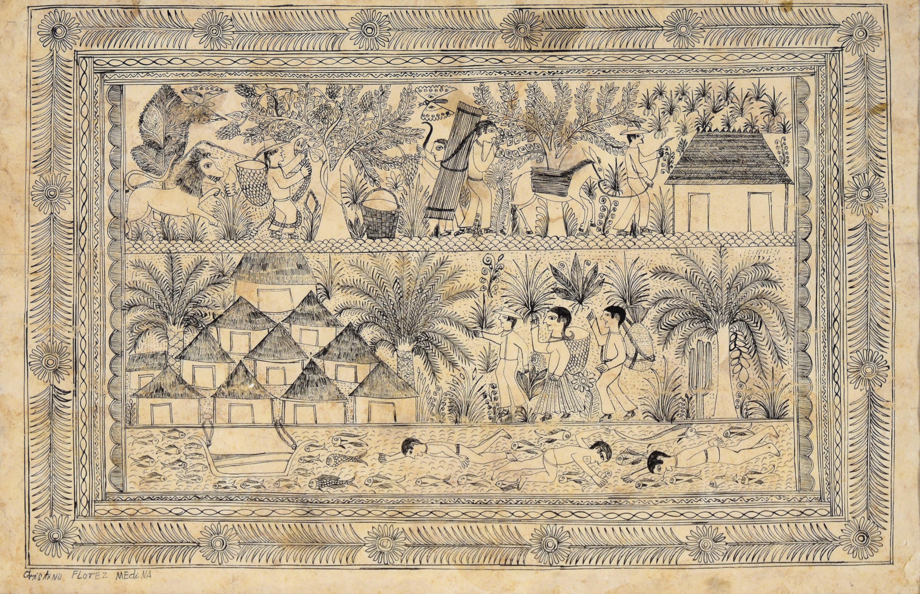 Illustrazione di un villaggio lungo il fiume - Disegno a inchiostro di corteccia di Amate - Art di Cristino Florez Medina