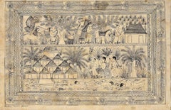 Illustrazione di un villaggio lungo il fiume - Disegno a inchiostro di corteccia di Amate