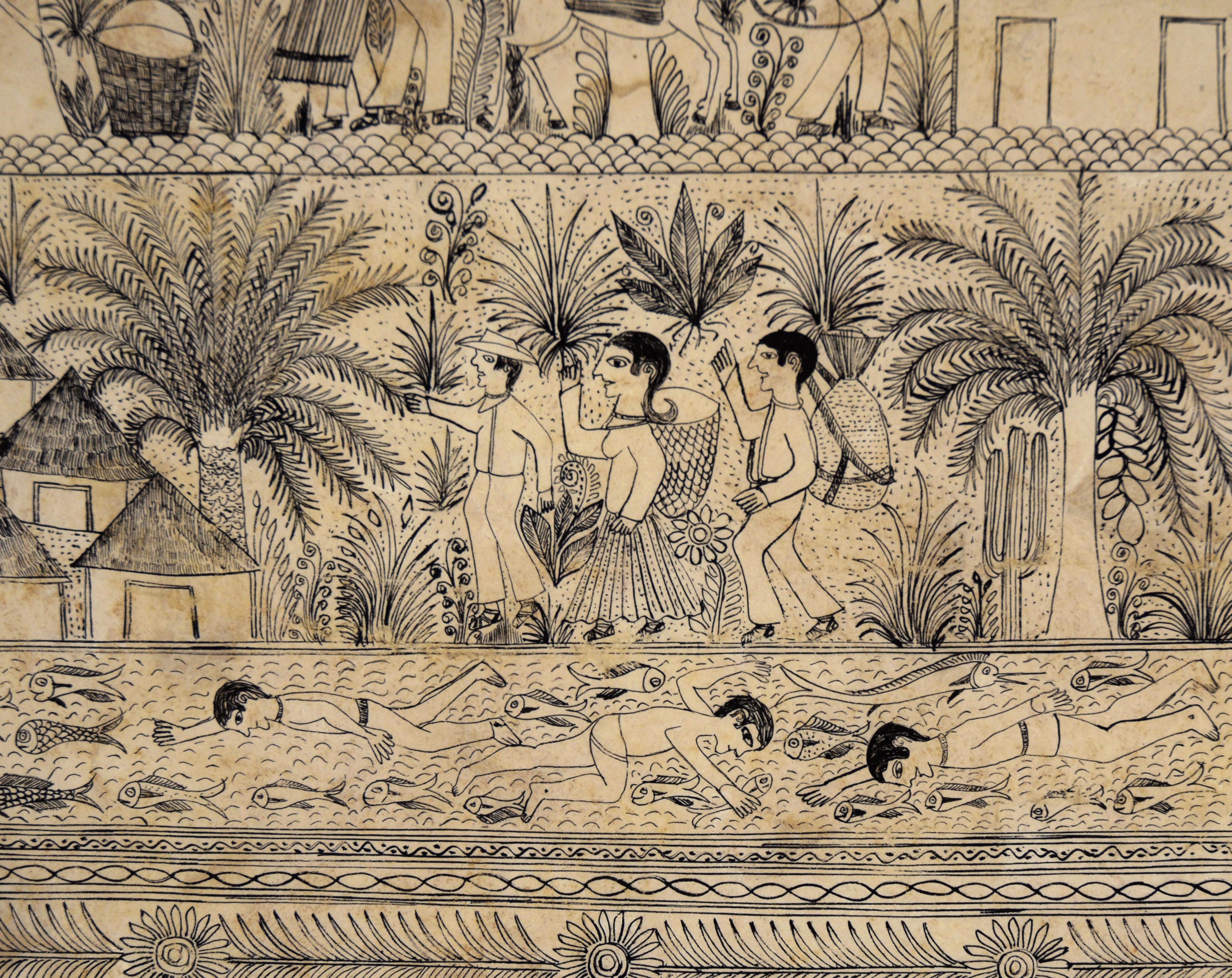 Illustrazione di un villaggio lungo il fiume - Disegno a inchiostro di corteccia di Amate in vendita 1