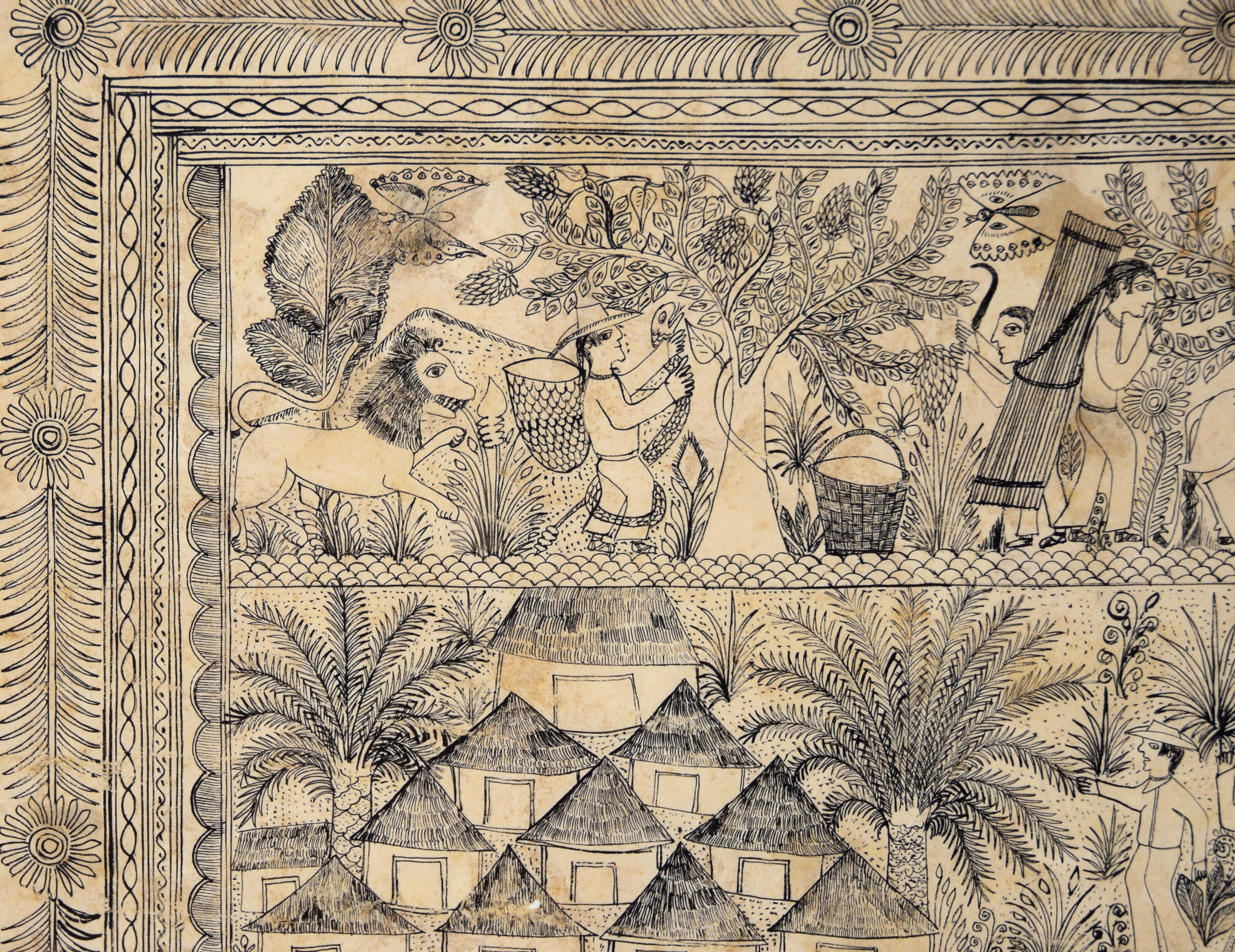 Illustrazione di un villaggio lungo il fiume - Disegno a inchiostro di corteccia di Amate - Art Tribale di Cristino Florez Medina