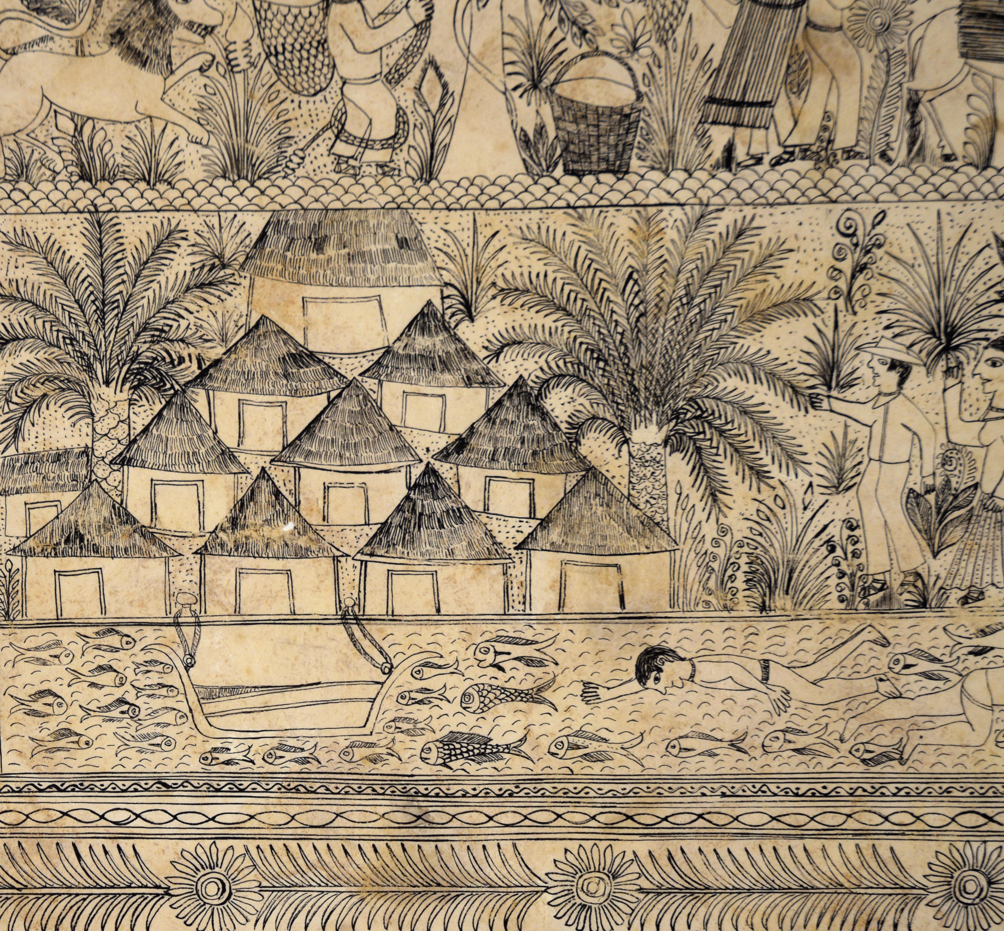Illustrazione di un villaggio lungo il fiume - Disegno a inchiostro di corteccia di Amate in vendita 2