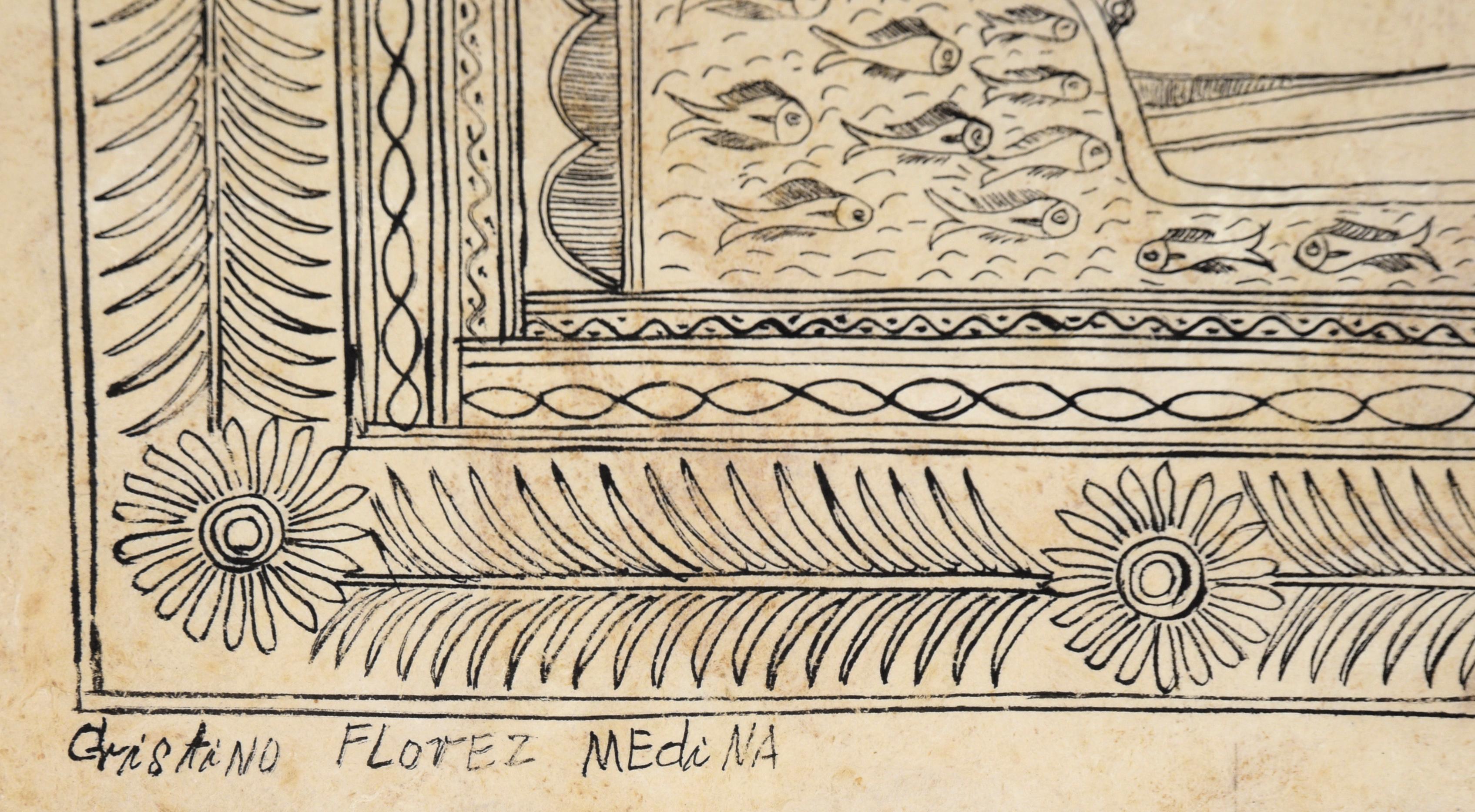 Illustrazione di un villaggio lungo il fiume - Disegno a inchiostro di corteccia di Amate in vendita 3