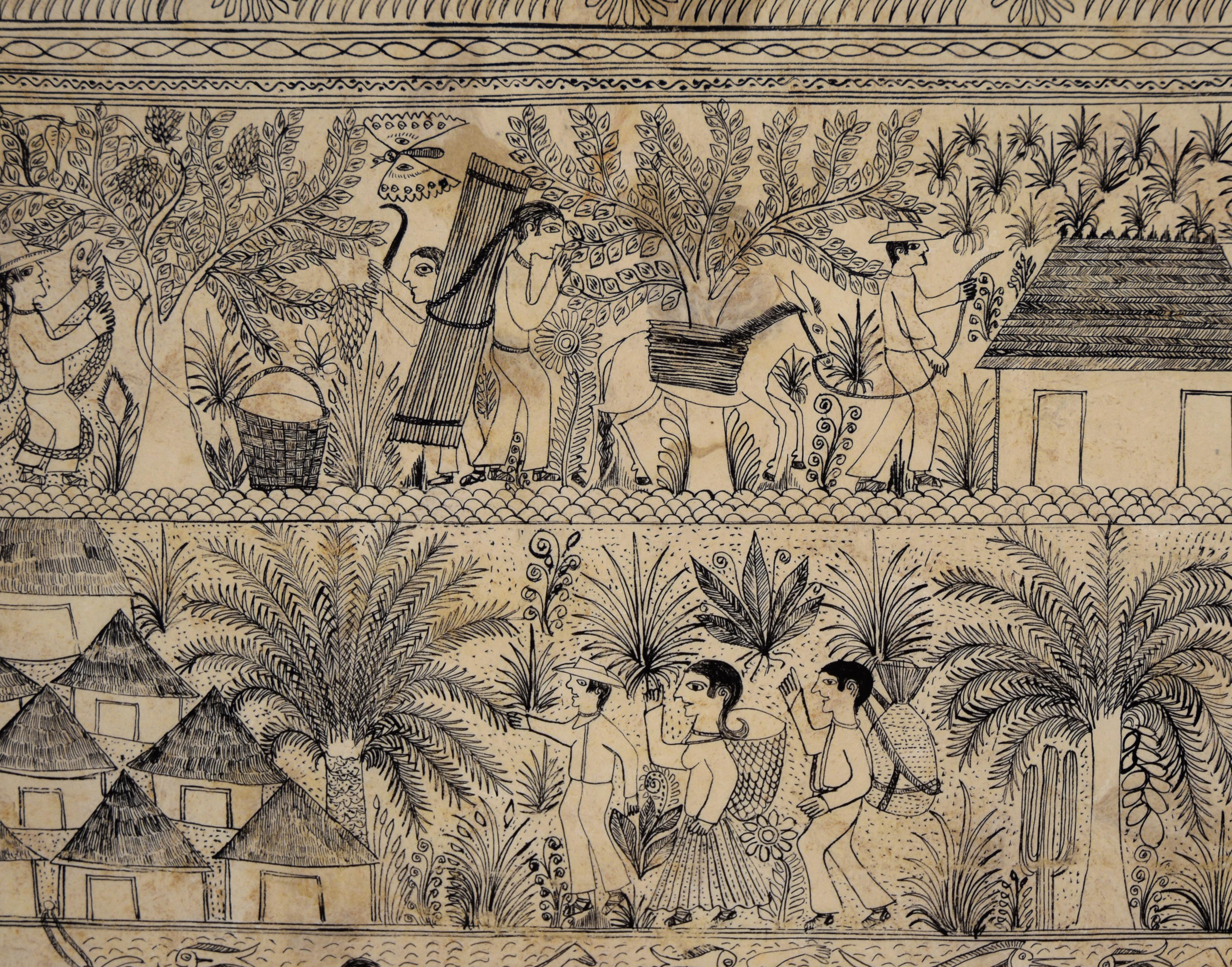 Illustrazione di un villaggio lungo il fiume - Disegno a inchiostro di corteccia di Amate - Figurative Art Beige di Cristino Florez Medina