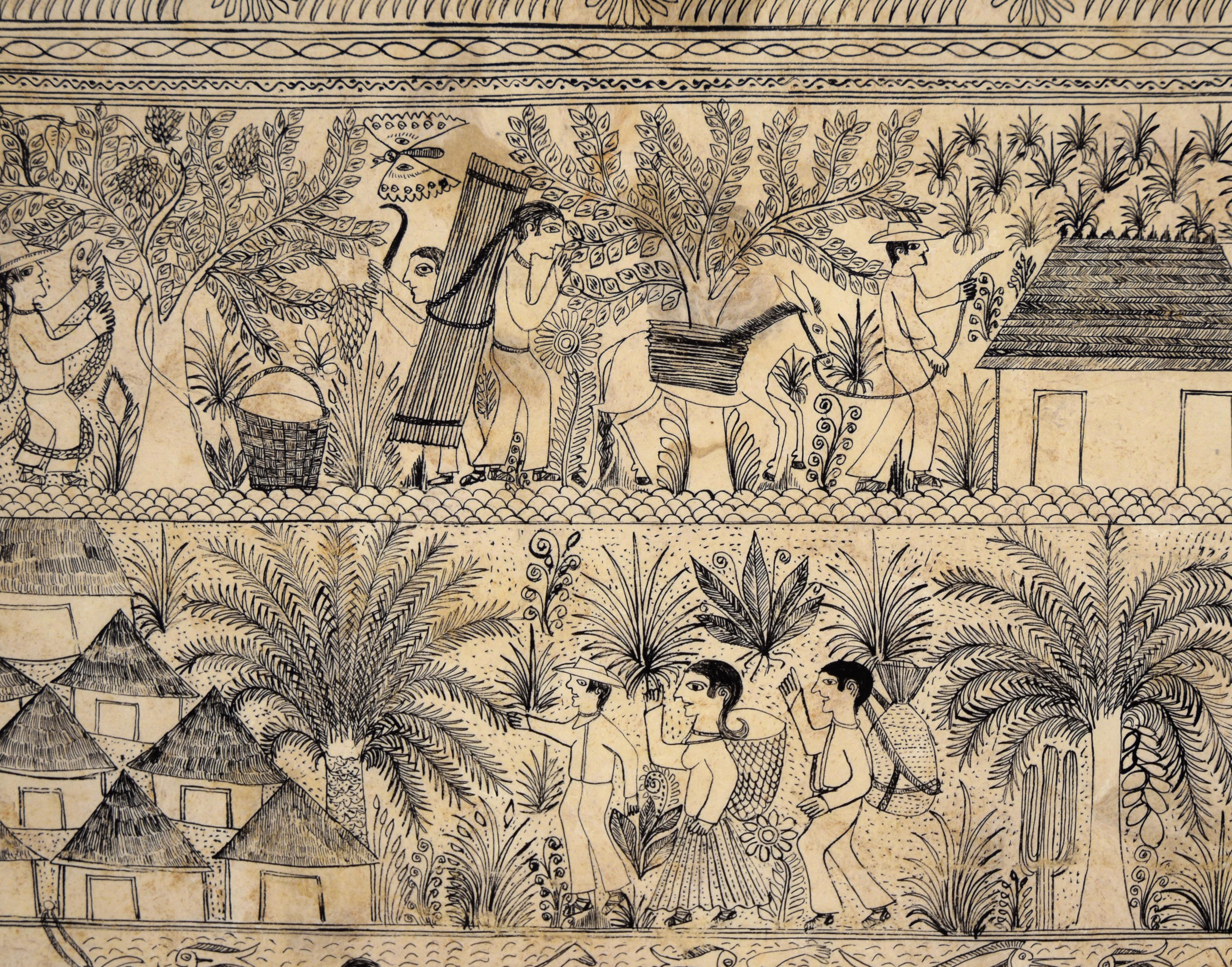 Illustrazione di un villaggio lungo il fiume - Disegno a inchiostro di corteccia di Amate

Illustrazione con persone in un villaggio di Cristino Florez Medina (messicano, 1937-2007). Questo pezzo è diviso orizzontalmente in due sezioni. Nella parte