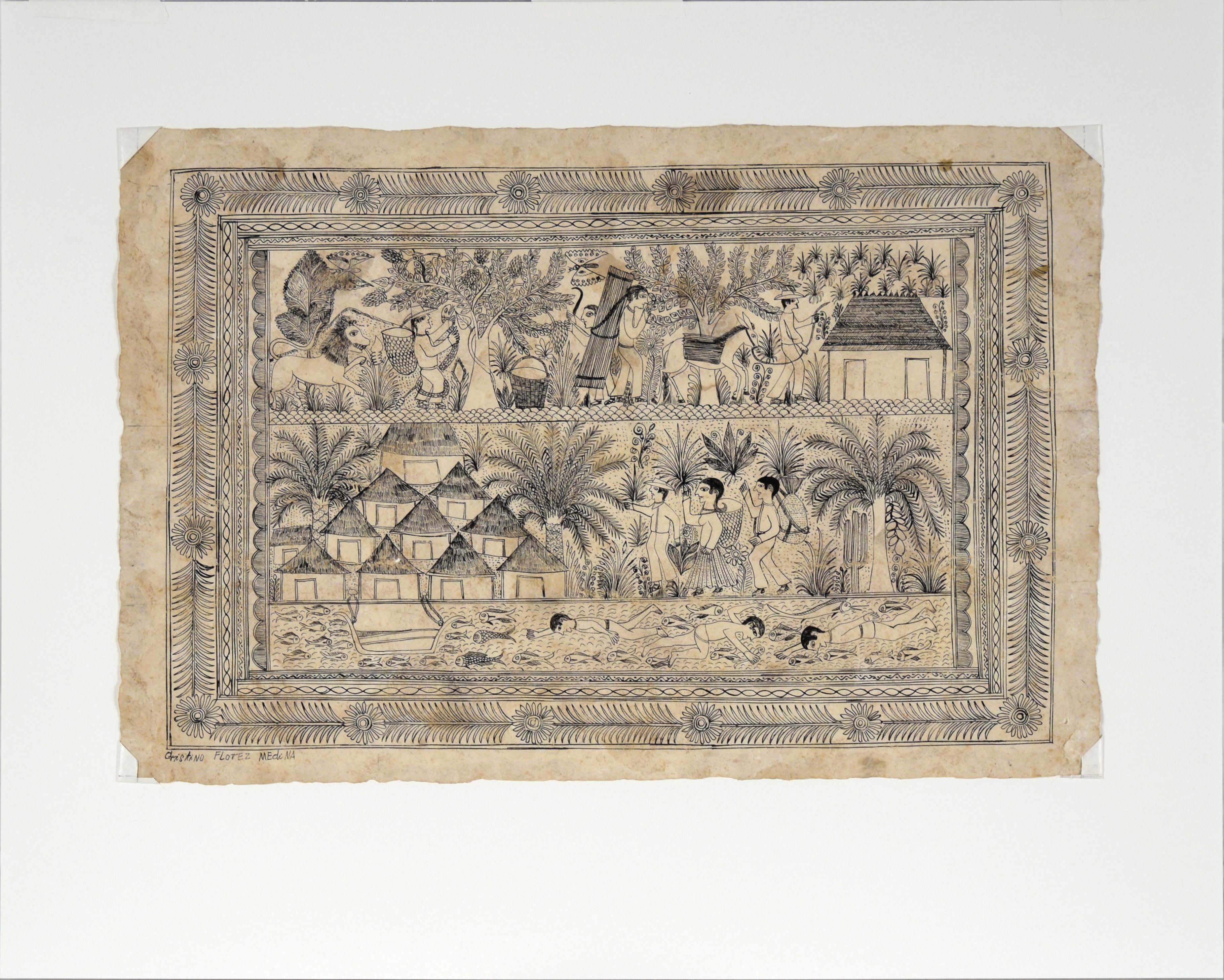 Illustrazione di un villaggio lungo il fiume - Disegno a inchiostro di corteccia di Amate in vendita 4