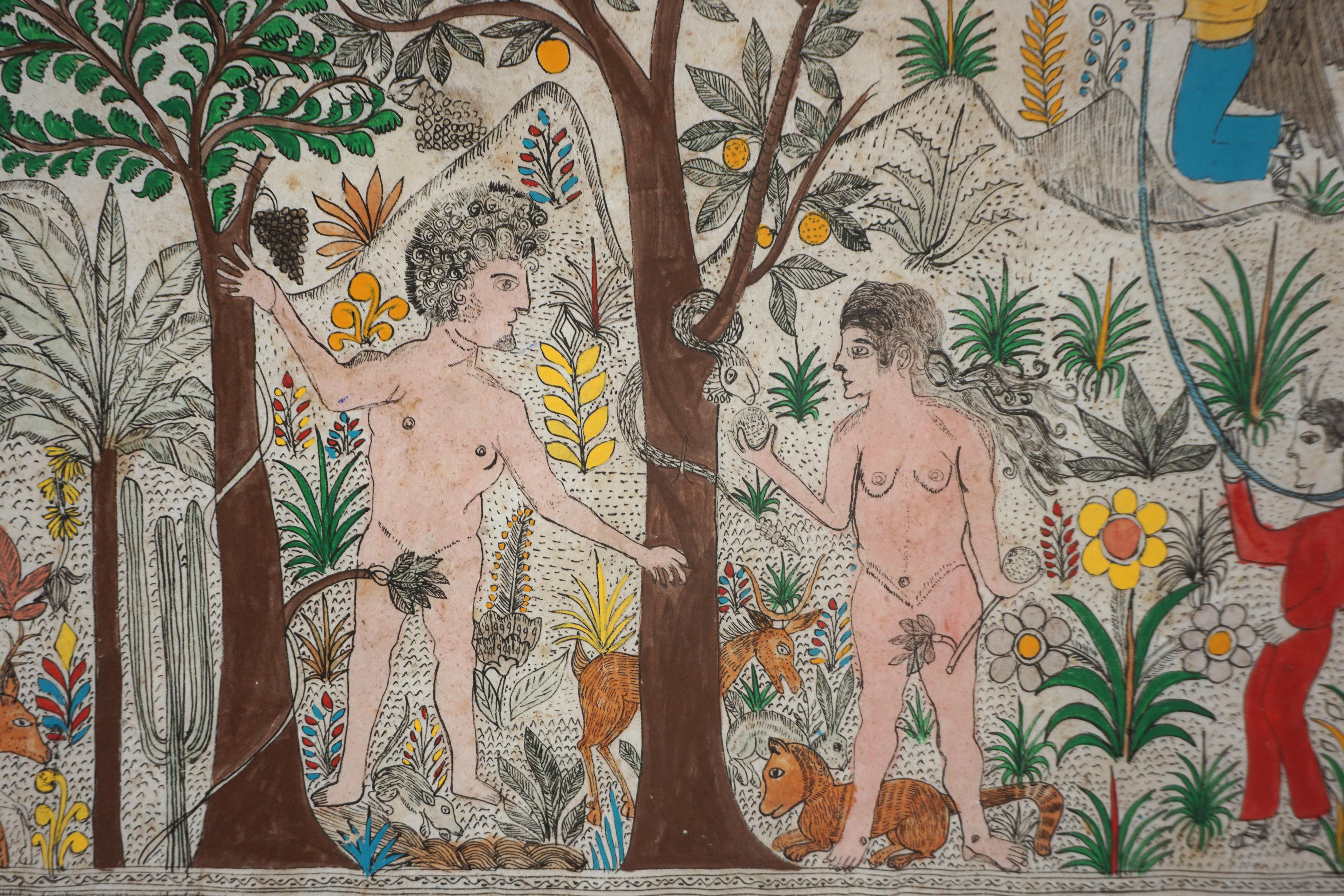 Ilustración del Jardín del Edén realizada con corteza de amate mexicano Dibujo en tinta

Vibrante ilustración con Adán y Eva en el Jardín del Edén, de Cristino Flórez Medina (mexicano, 1937-2007). Adán y Eva aparecen retratados en un exuberante