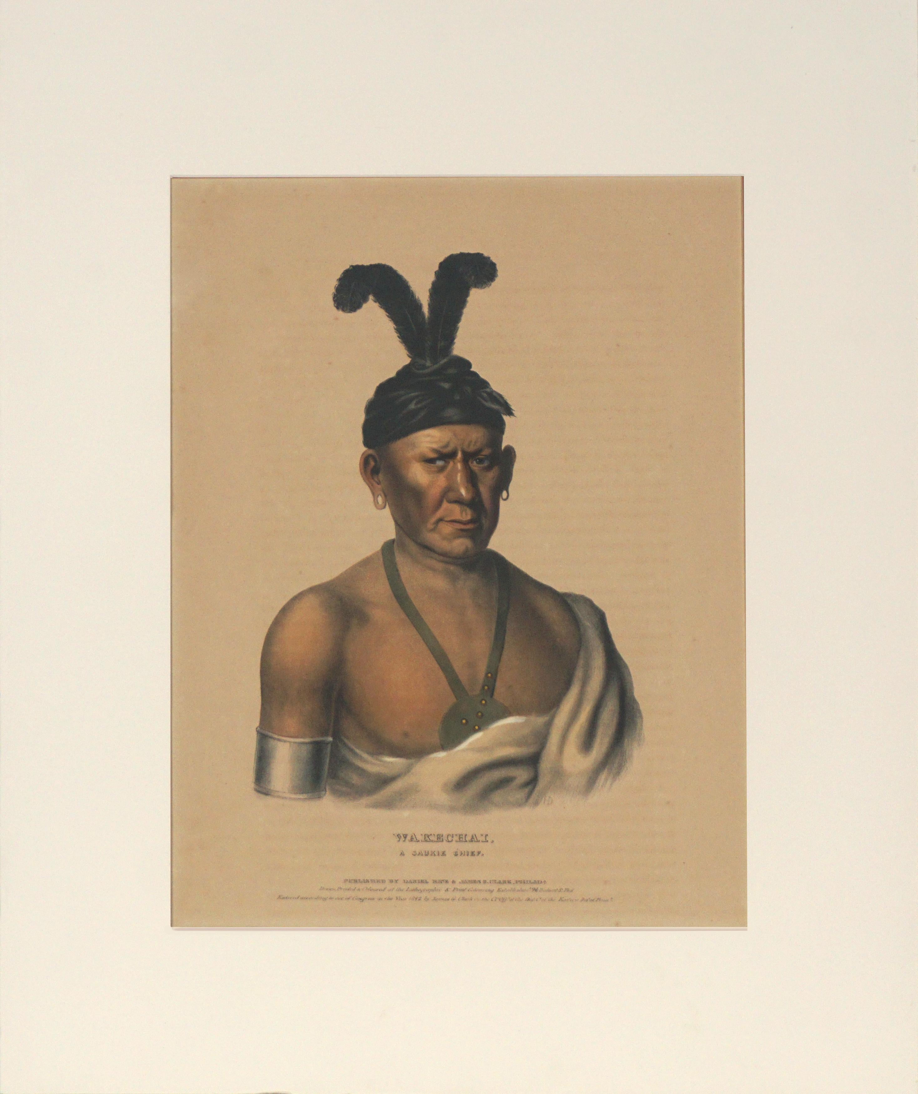 Wakechai (aigle accroché) Lithographie de chef de soukie avec aquarelle appliquée - Hudson River School Art par Charles Bird King