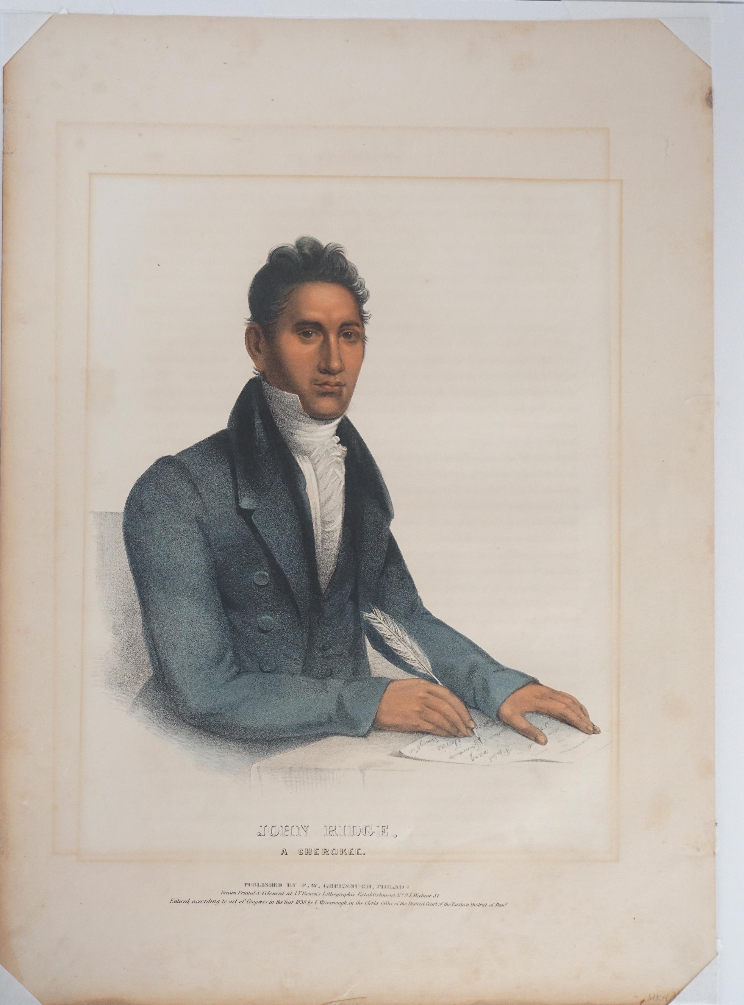 1838 John Ridge A Cherokee Indian and Interpreter Lithograph with Applied Watercolor

The lithograph depicts John Ridge, a Cherokee interpreter, by Charles Bird King  (American, 1785 - 1862), published 1838. Compared to other indian portraits in