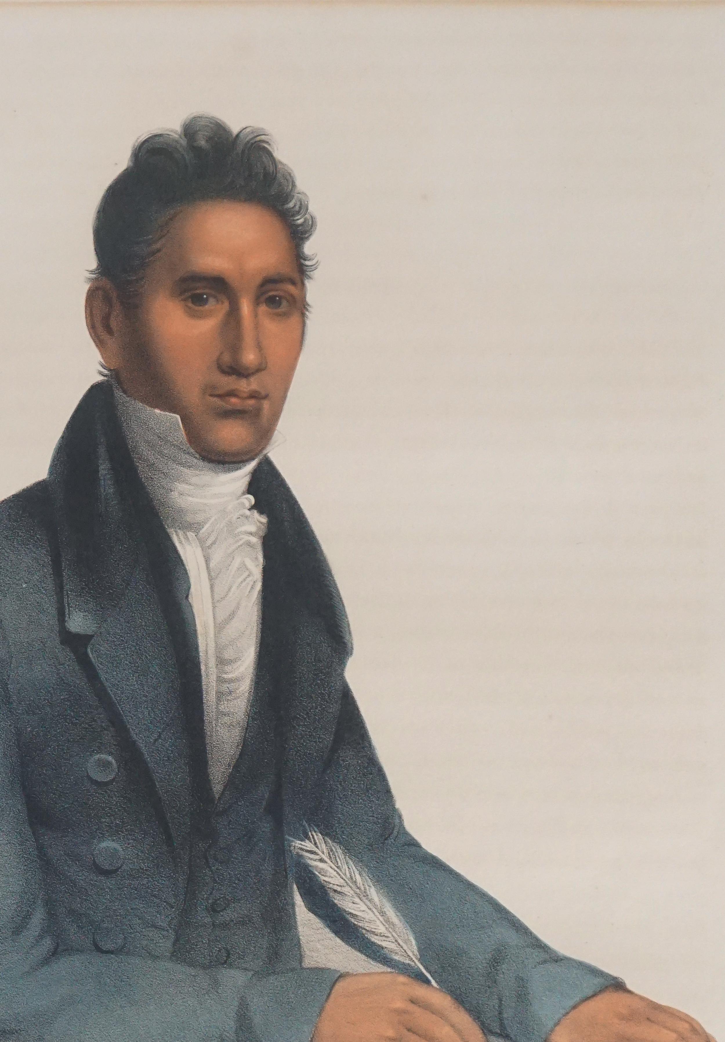 John Ridge, A Cherokee Indian & Interpreter Lithograph with Applied Watercolor - Hudson River School Art by Charles Bird King