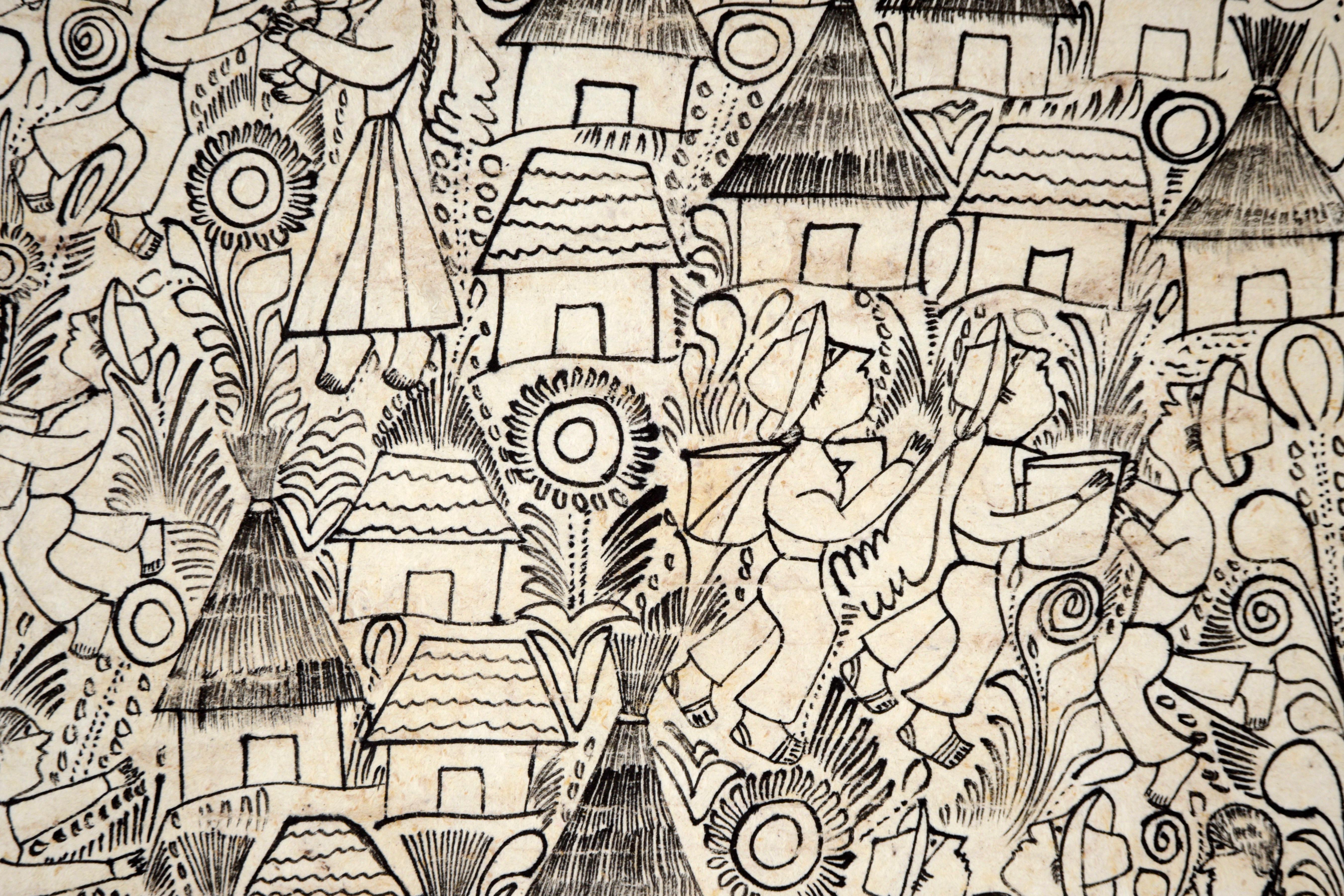 Peinture Amate Bark - Des personnes travaillant dans un village - Artisanat Art par Manuel Remigio S. 