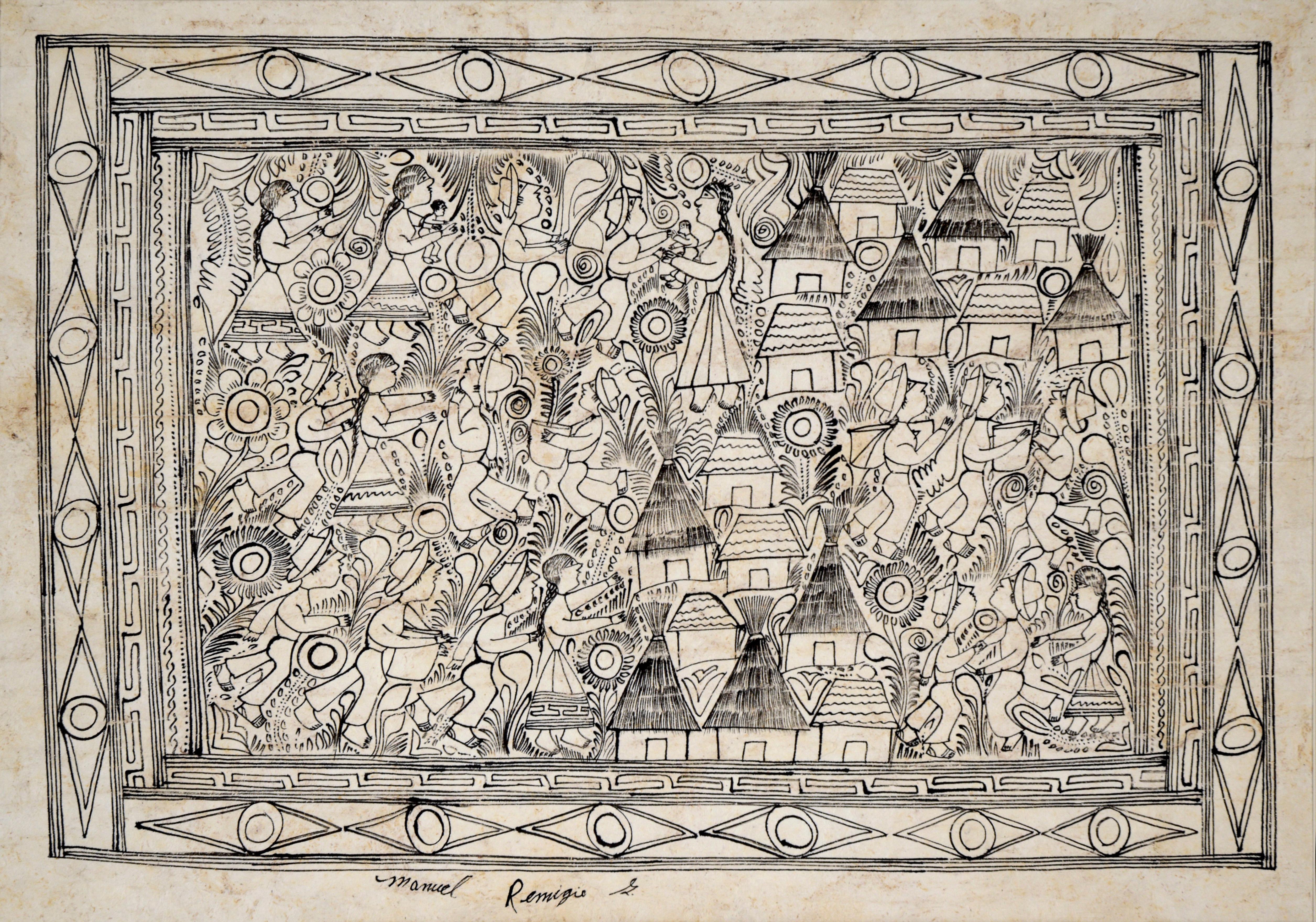 Peinture Amate Bark - Des personnes travaillant dans un village - Art de Manuel Remigio S. 