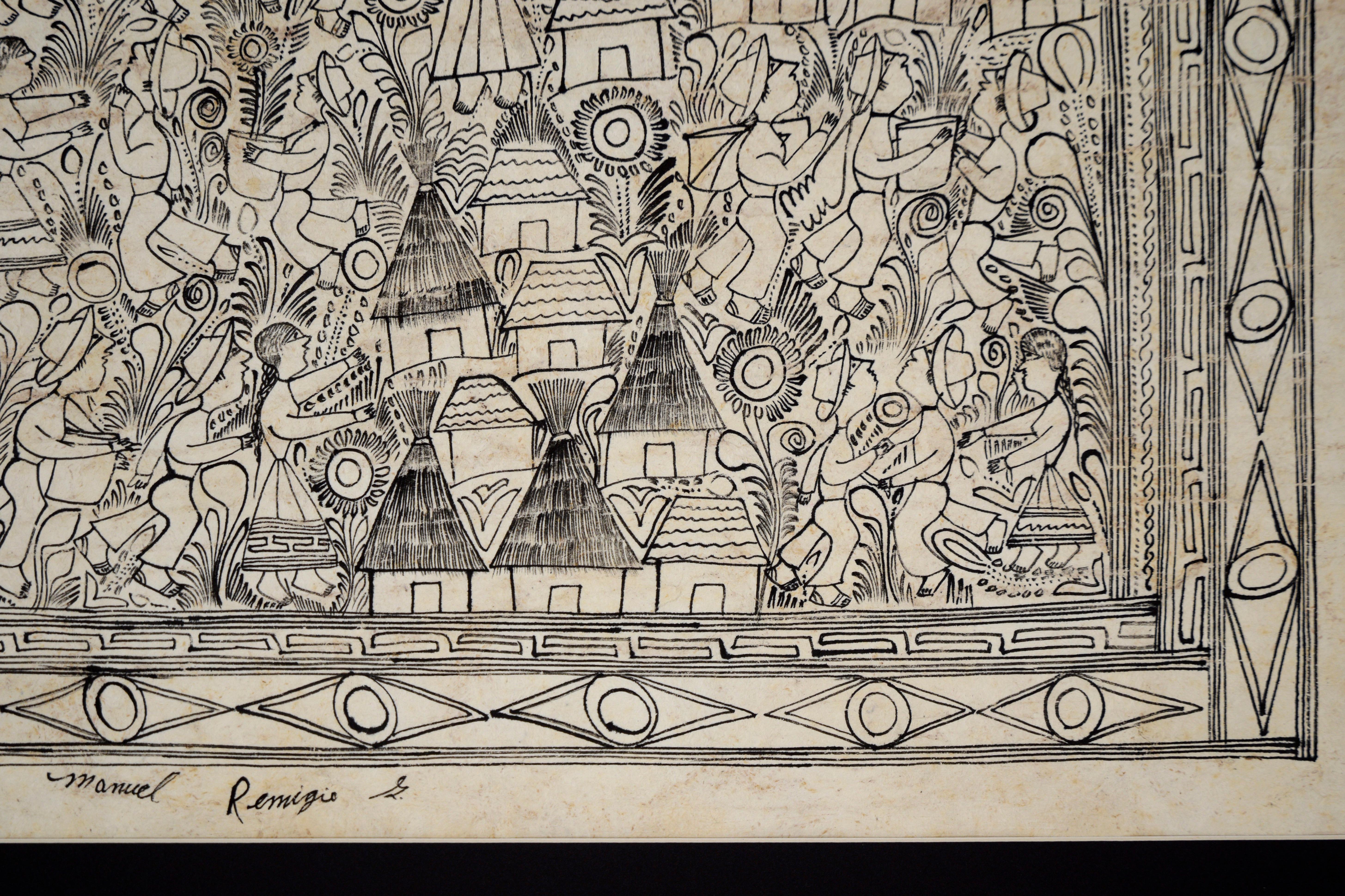 Peinture sur écorce d'Amate - Personnes travaillant dans un village par Manuel Remigio S. 

Dans cette scène, des personnes travaillent dans un village. La scène est parsemée de maisons et de fleurs. Les gens portent des seaux, des enfants et des