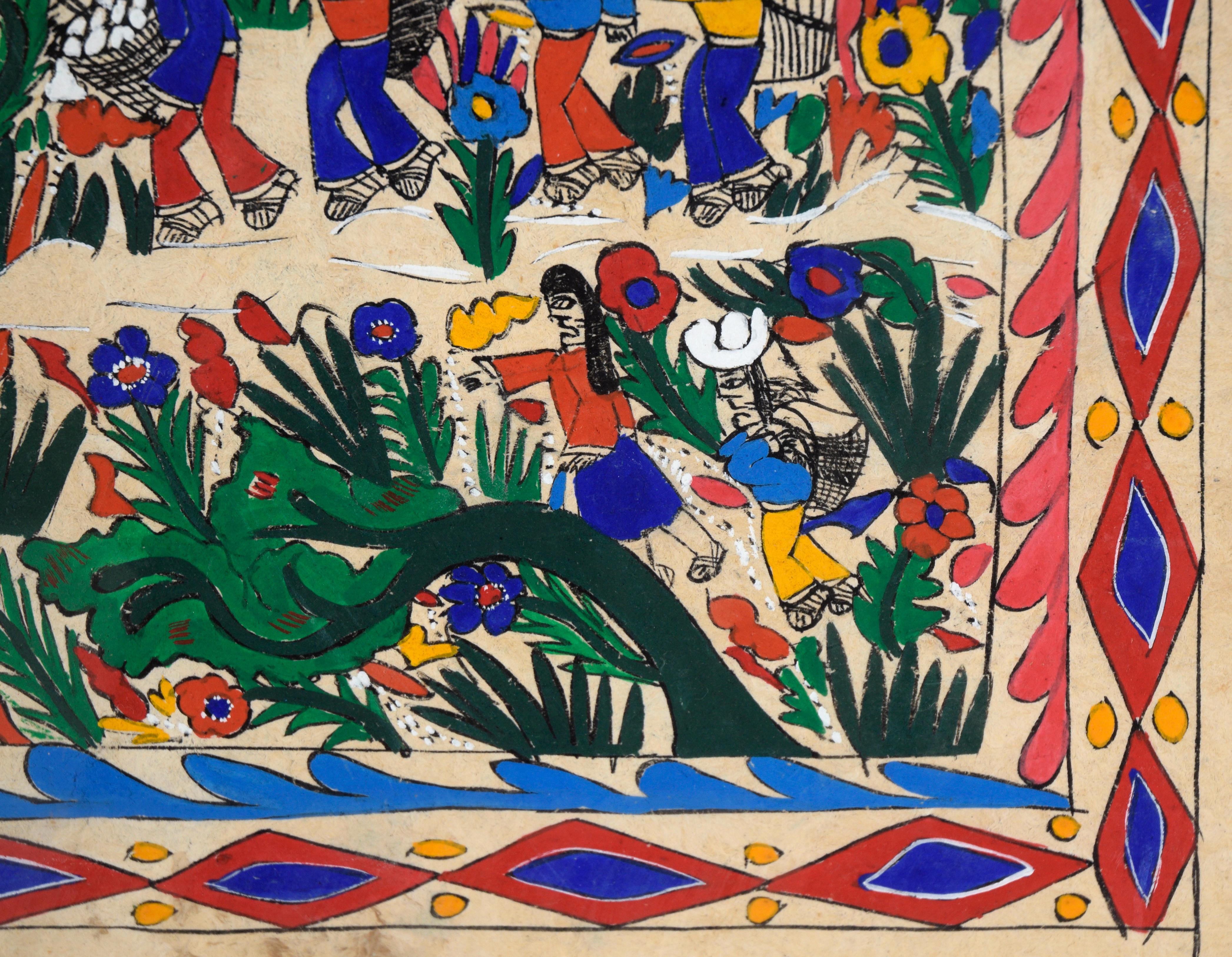 Pittura su corteccia Amate - Danza del raccolto con conigli giganti

In questa scena, le persone trasportano dei cesti verso il villaggio, attraverso un fitto fogliame. Ci sono grandi creature simili a conigli in tutta la composizione.

La carta