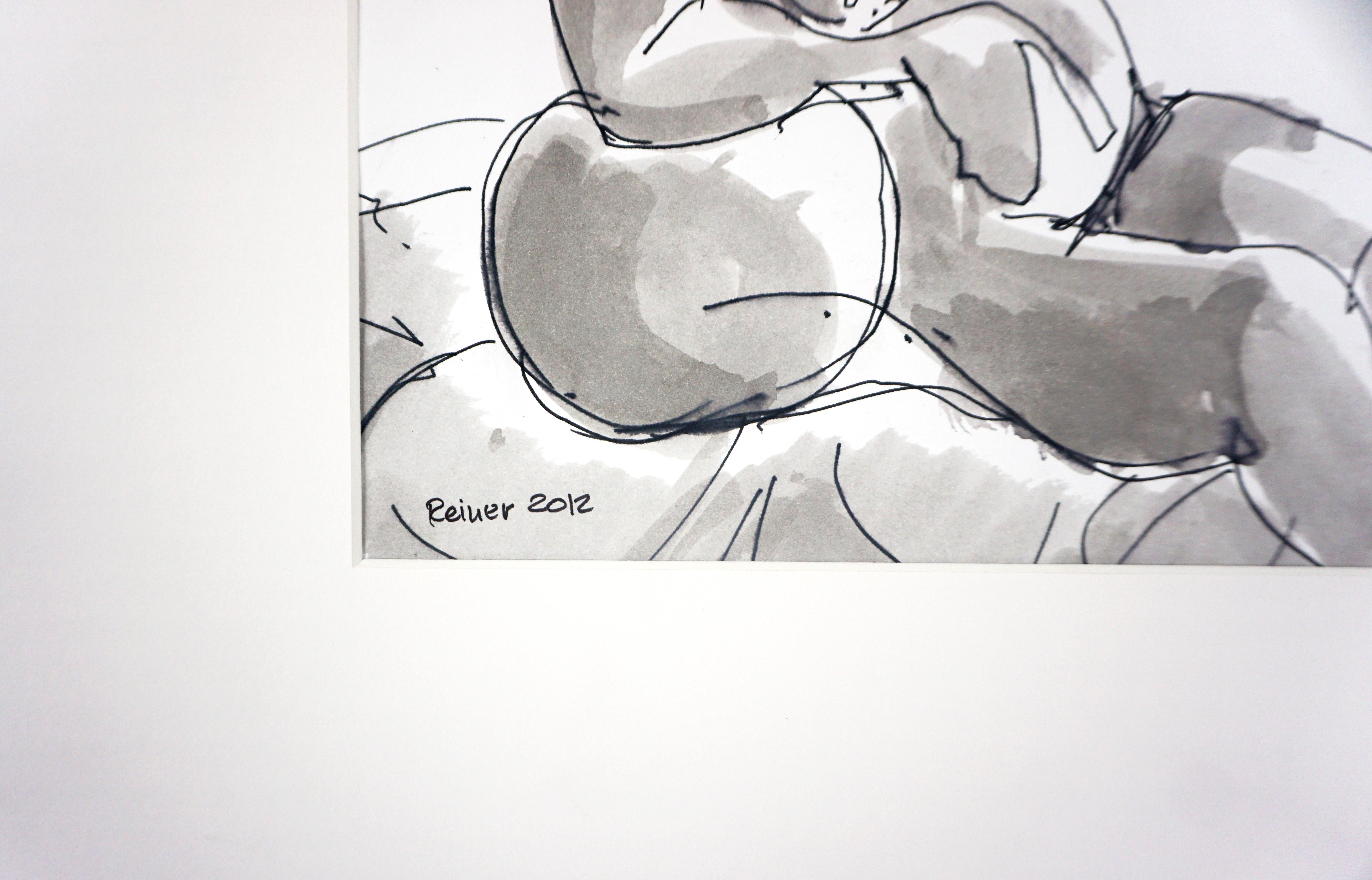 Captivating pen and ink female figurative by artist and architect Reiner Keller (Swiss/American, 1926-2024), dated 2012 This nude figure drawing is calm yet expressive at the same time. The seated woman rests her hand on her stomach with closed eyes