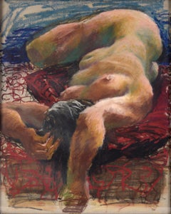 Nude Laying Over the Edge of the Bed in Pastel on Paper