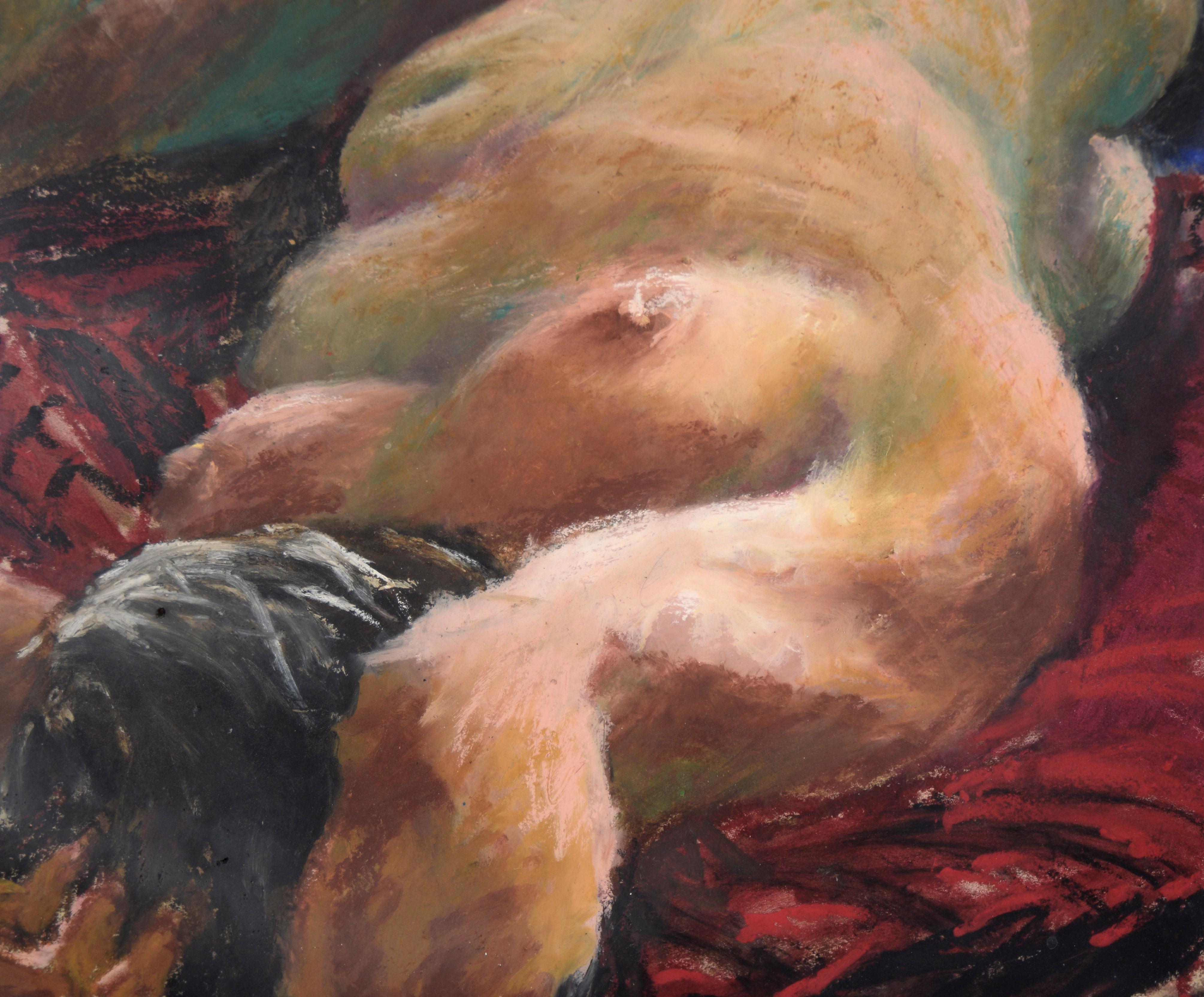 Nu allongé sur le bord du lit au pastel sur papier

Elégante composition au pastel d'une femme nue par un artiste inconnu (20ème siècle). Le modèle est allongé sur le dos, la tête proche du spectateur. Elle a les bras au-dessus de la tête, dont l'un