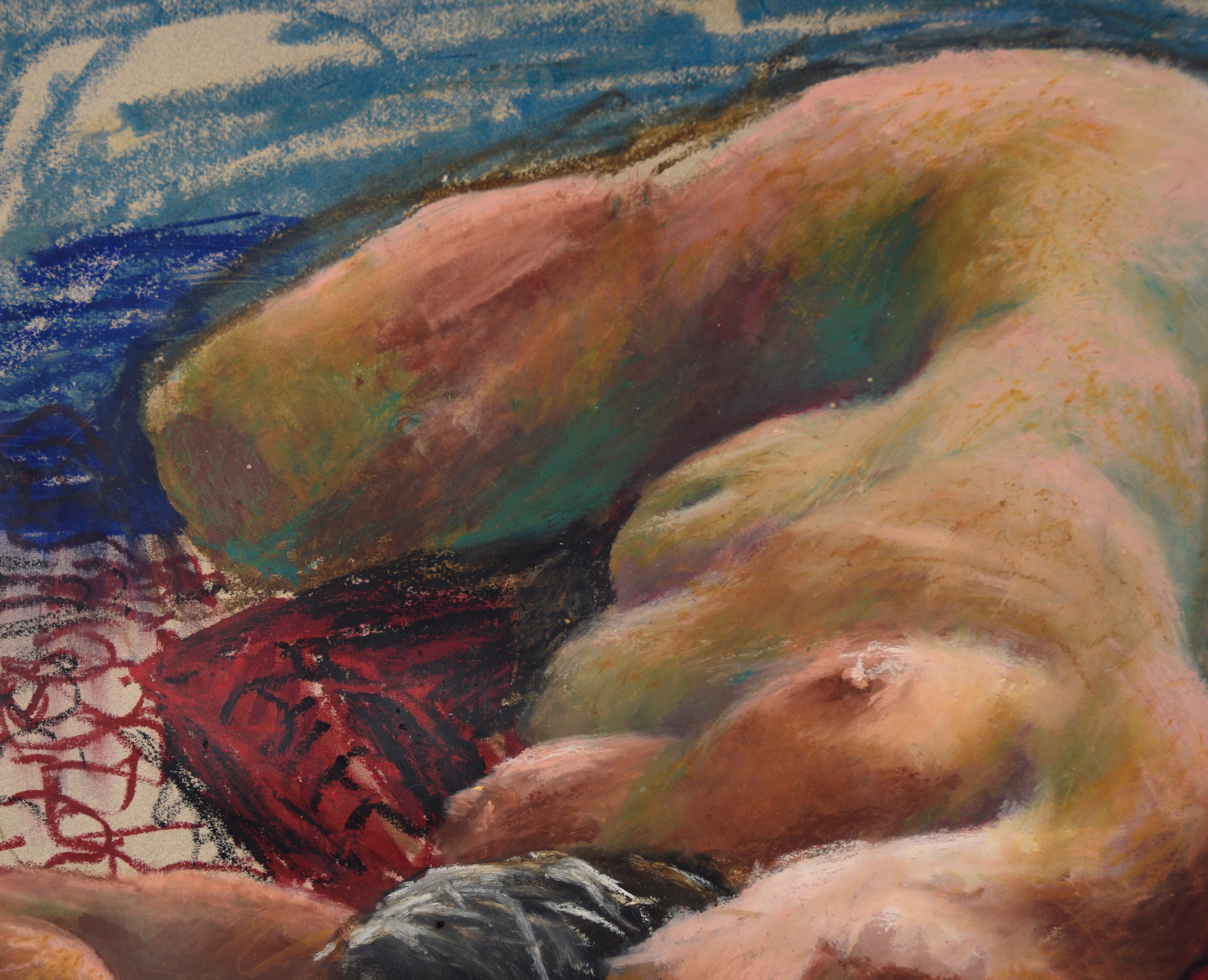Nu allongé sur le bord du lit au pastel sur papier - Impressionnisme américain Art par Unknown