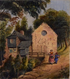 Detailed European Landscape in Watercolor and Gouache on Paper