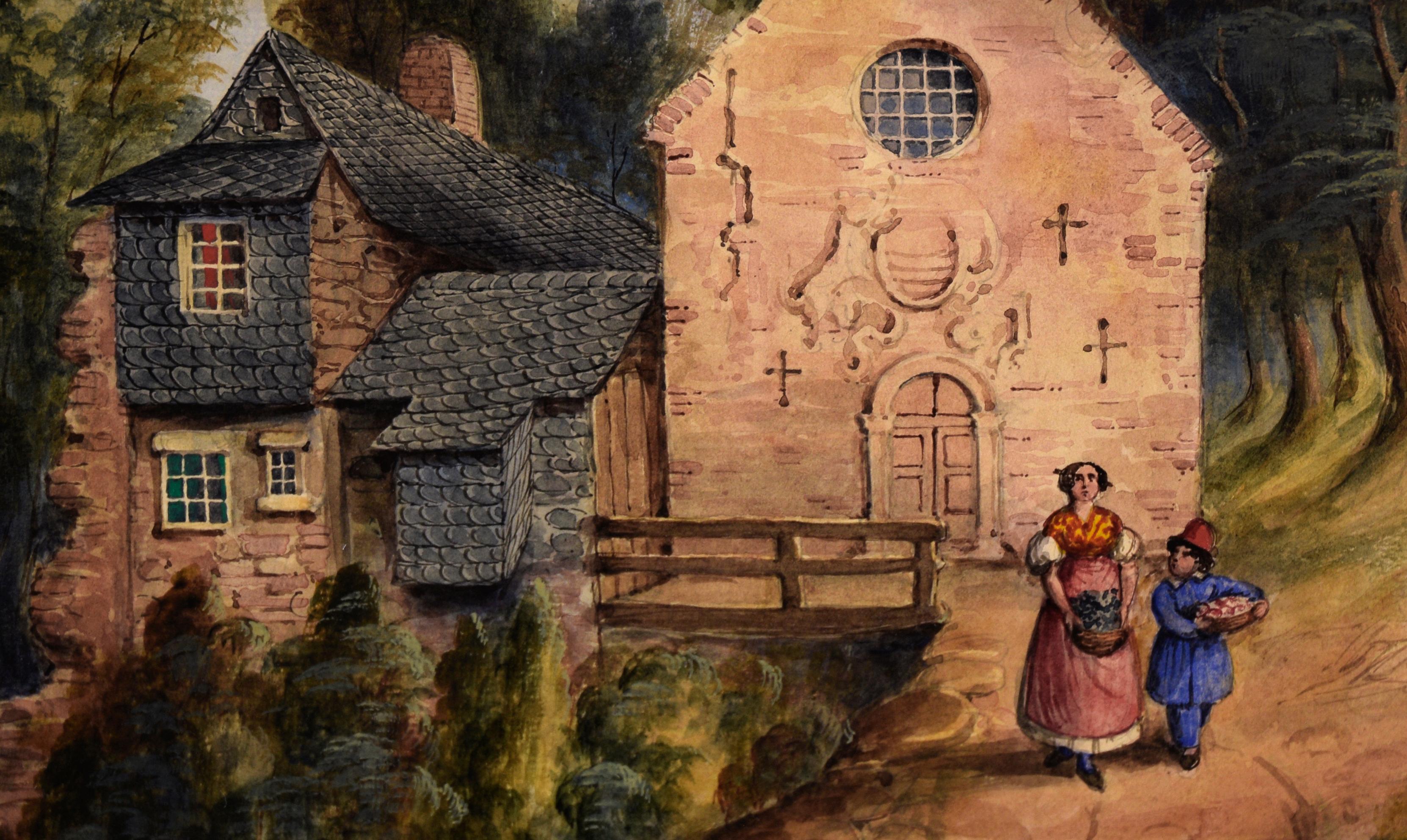 Detailed European Landscape in Watercolor and Gouache on Paper - Gray Figurative Art by 19th Century French School