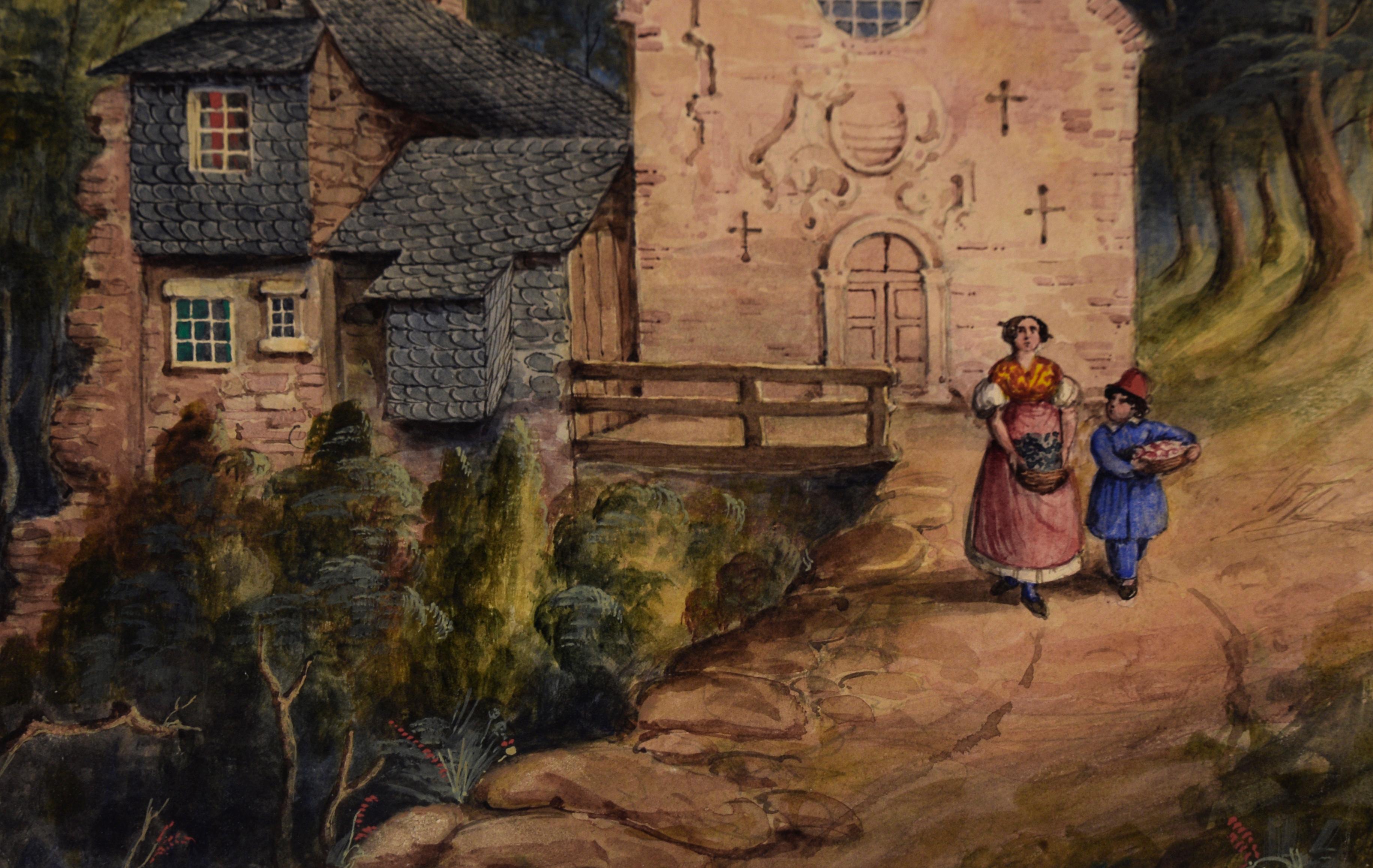 Detailed European Landscape in Watercolor and Gouache on Paper

This finely detailed watercolor painting captures a serene countryside setting with an old stone church, a rustic house, and two villagers strolling along a winding path. The artist