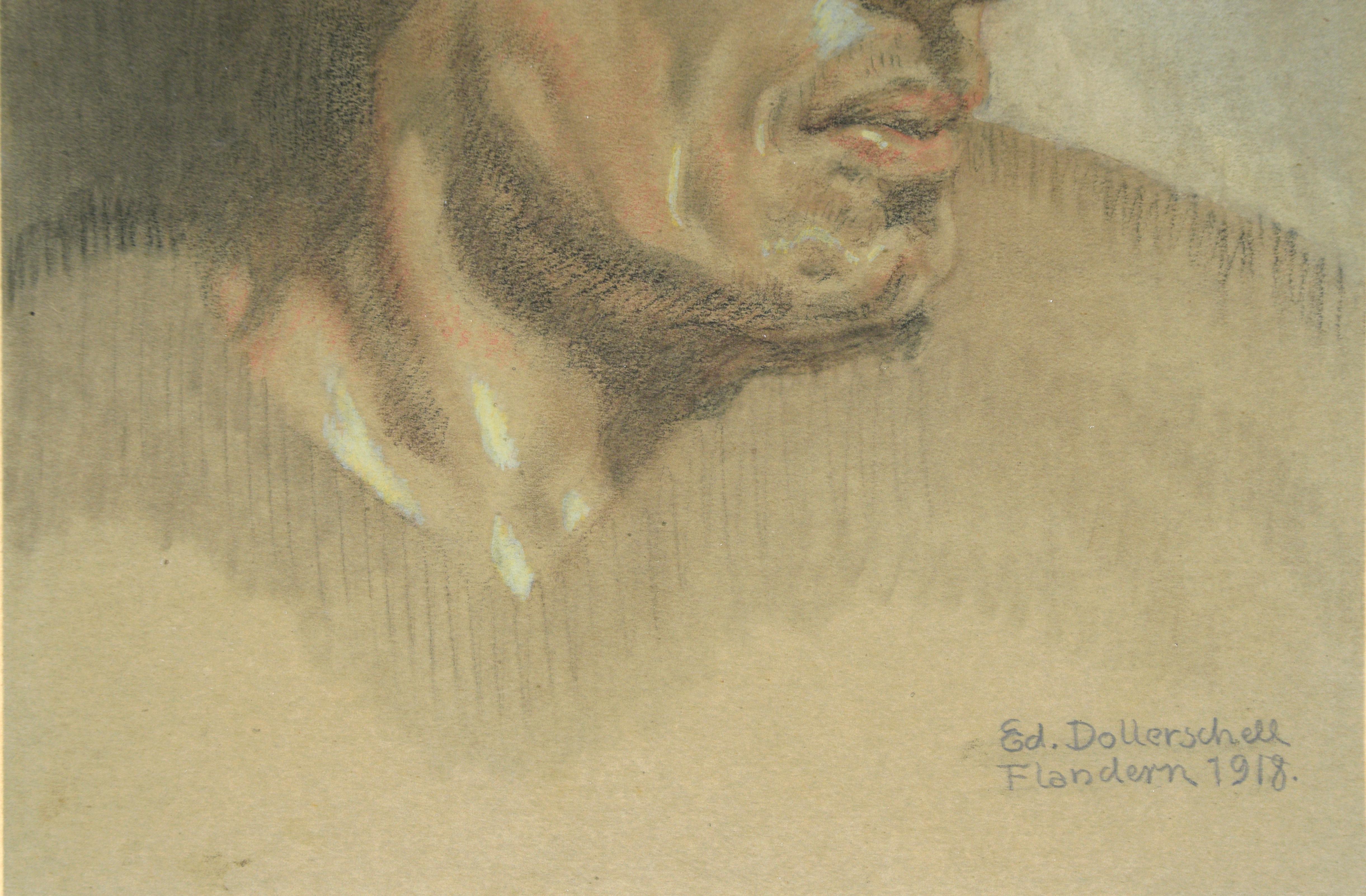 Portrait of a man at Flanders in 1918 by Eduard Dollerschell (German b. 1887 d. 1946.)

Beautiful and delicately rendered portrait of a man done in gouache, pencil, and conte crayon. A cool brown paper is used for the ground giving the portrait an