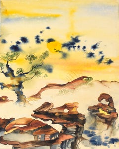 Vintage Watercolor Landscape with Rocks and Yellow Sun