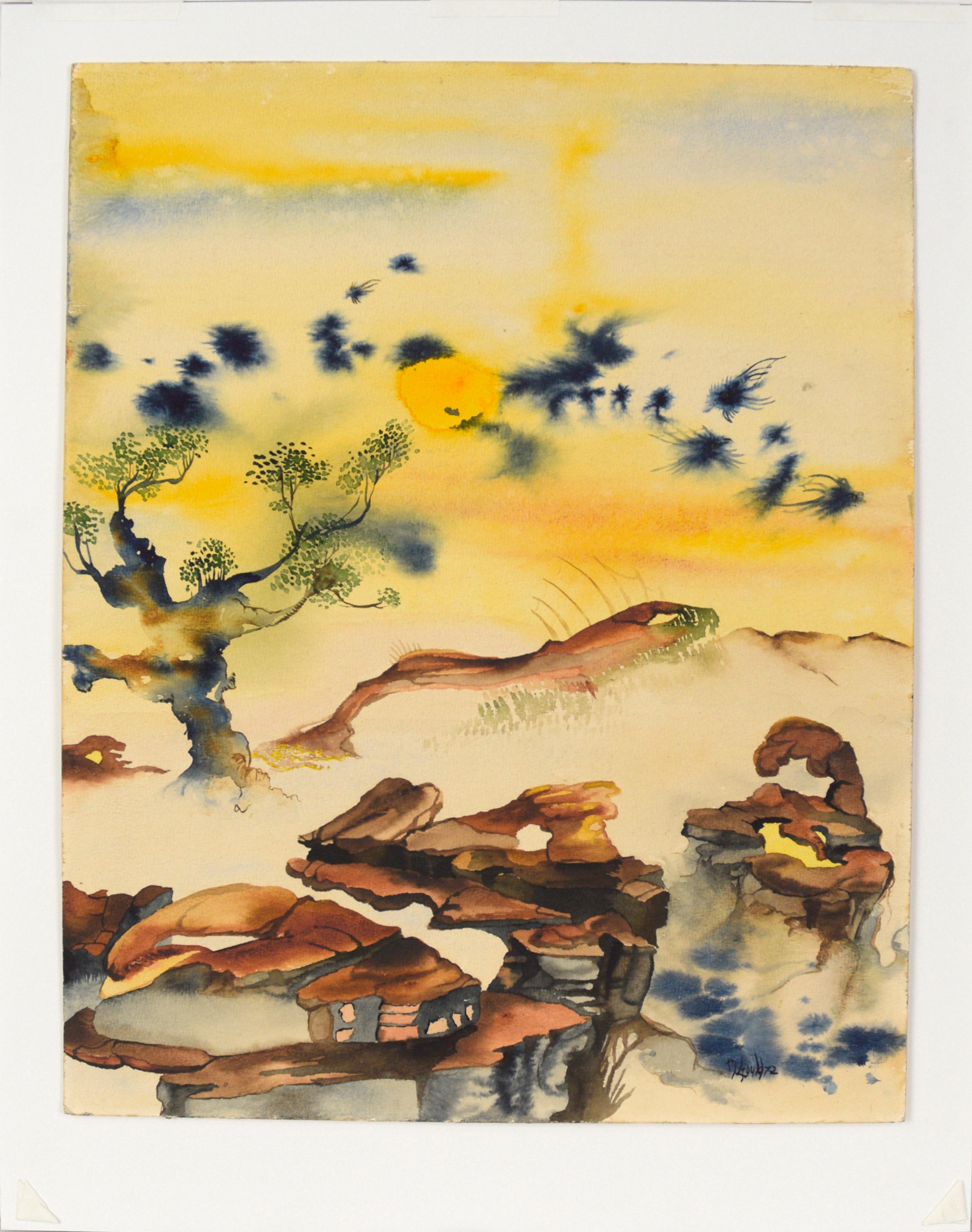 Paysage aquarelle vintage avec rochers et soleil jaune en vente 2