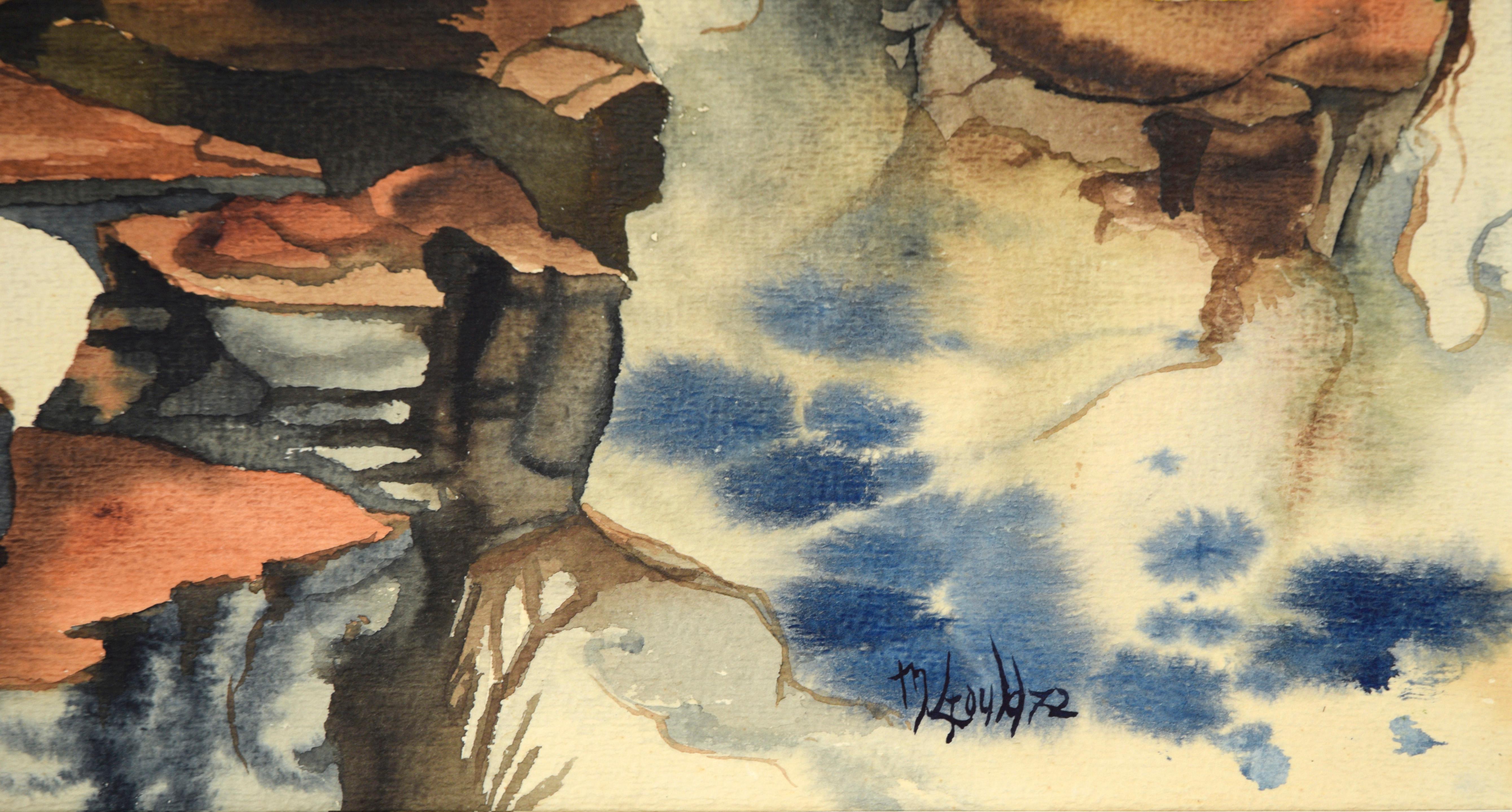 Paysage aquarelle vintage avec rochers et soleil jaune en vente 3