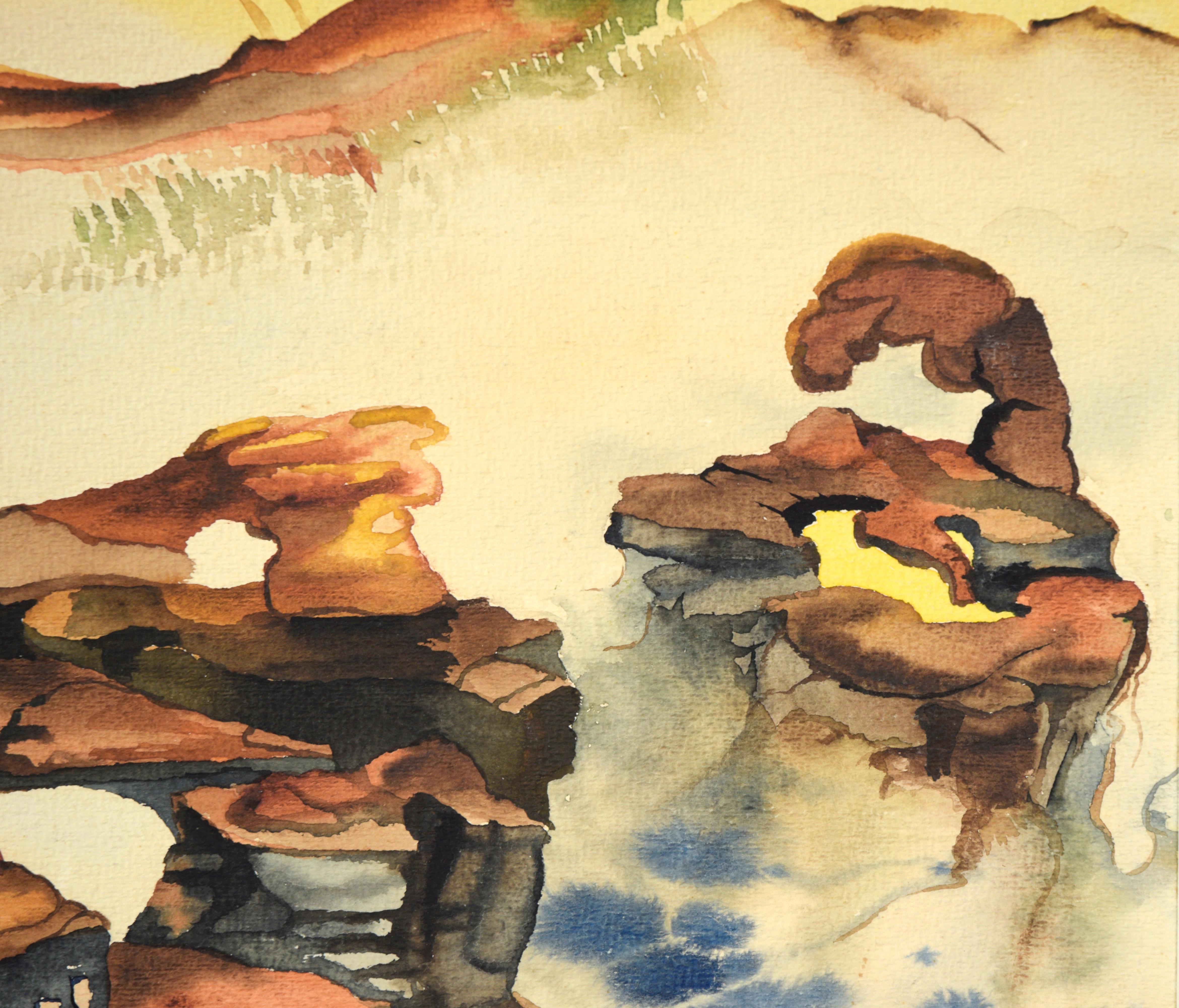 Paysage aquarelle vintage avec rochers et soleil jaune - Beige Landscape Art par M Gould