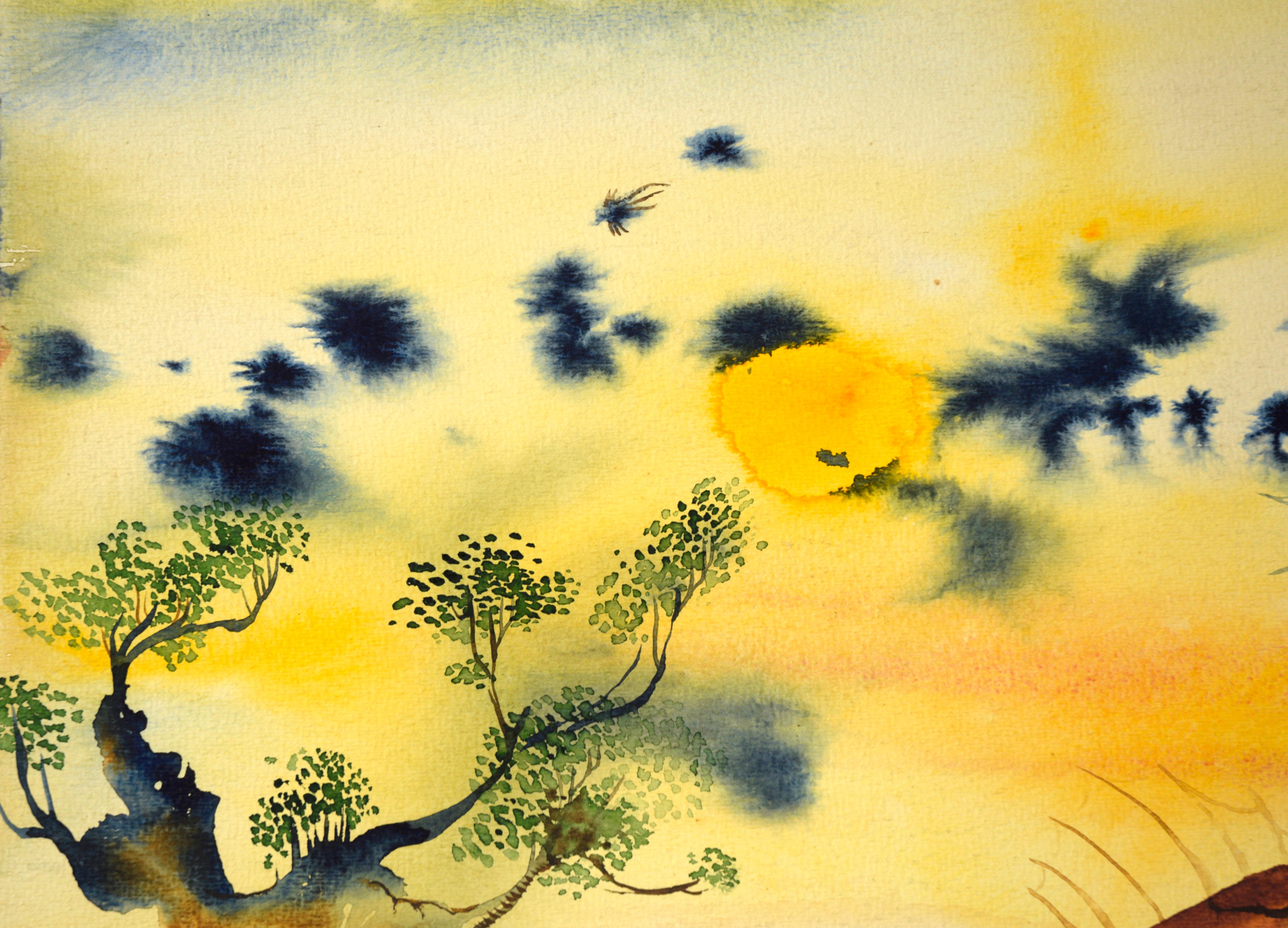 Paysage aquarelle vintage avec rochers et soleil jaune en vente 1