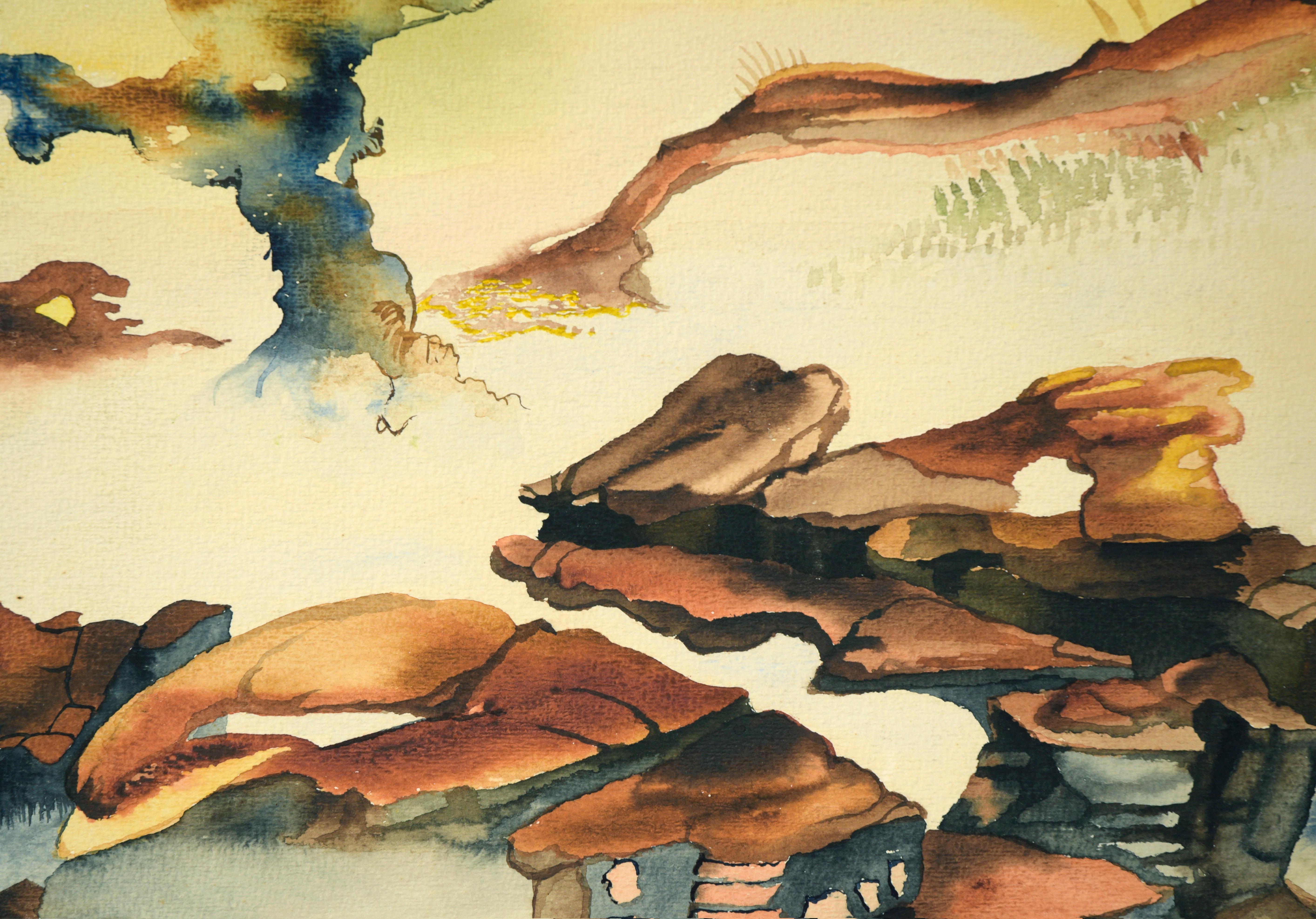 Paysage aquarelle vintage avec rochers et soleil jaune

Paysage vibrant peint à l'aquarelle dans la tradition des paysages d'Asie de l'Est. Un soleil jaune saturé se trouve au centre de la composition, projetant une lumière chaude dans le ciel et