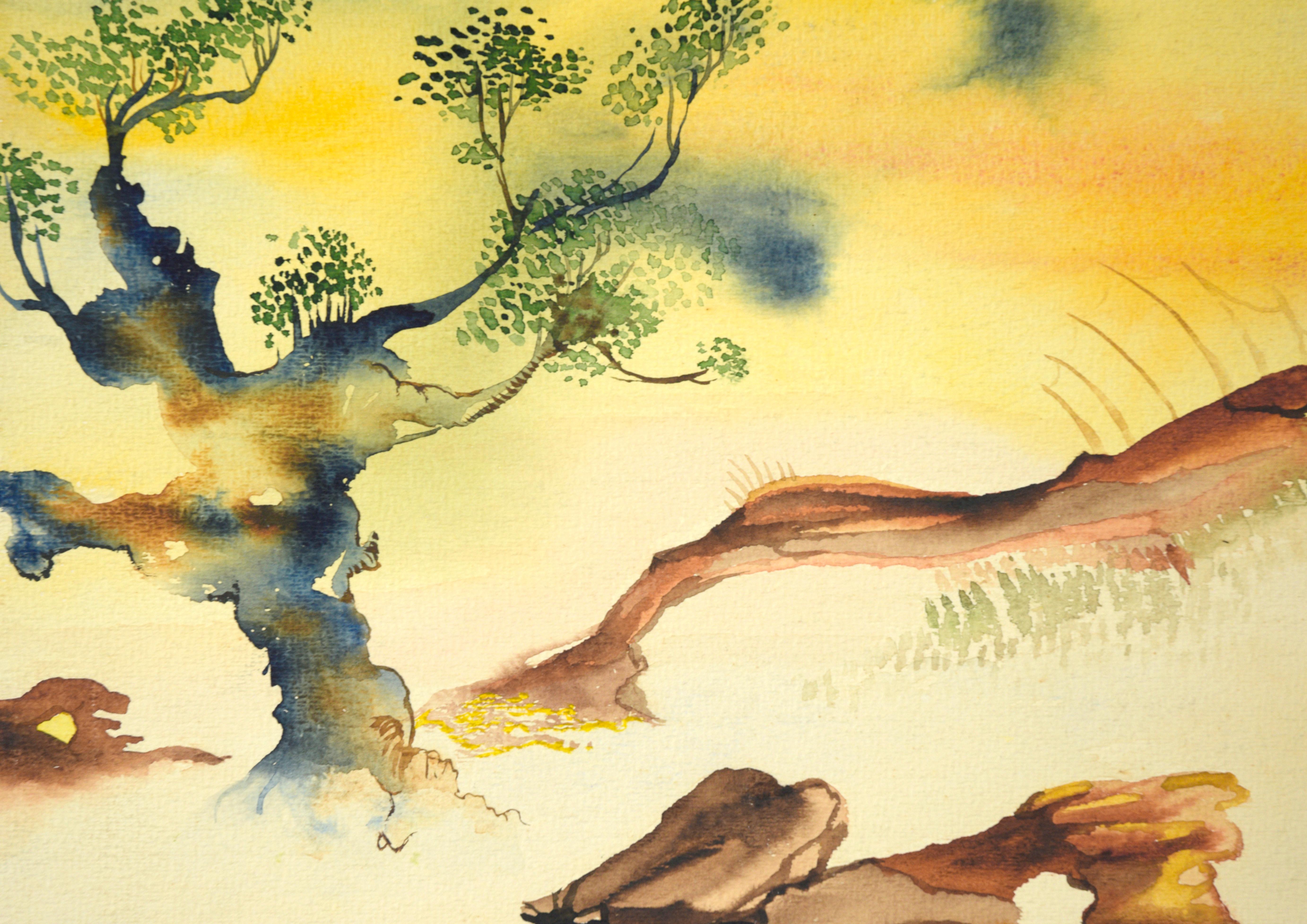 Paysage aquarelle vintage avec rochers et soleil jaune - Autres styles artistiques Art par M Gould