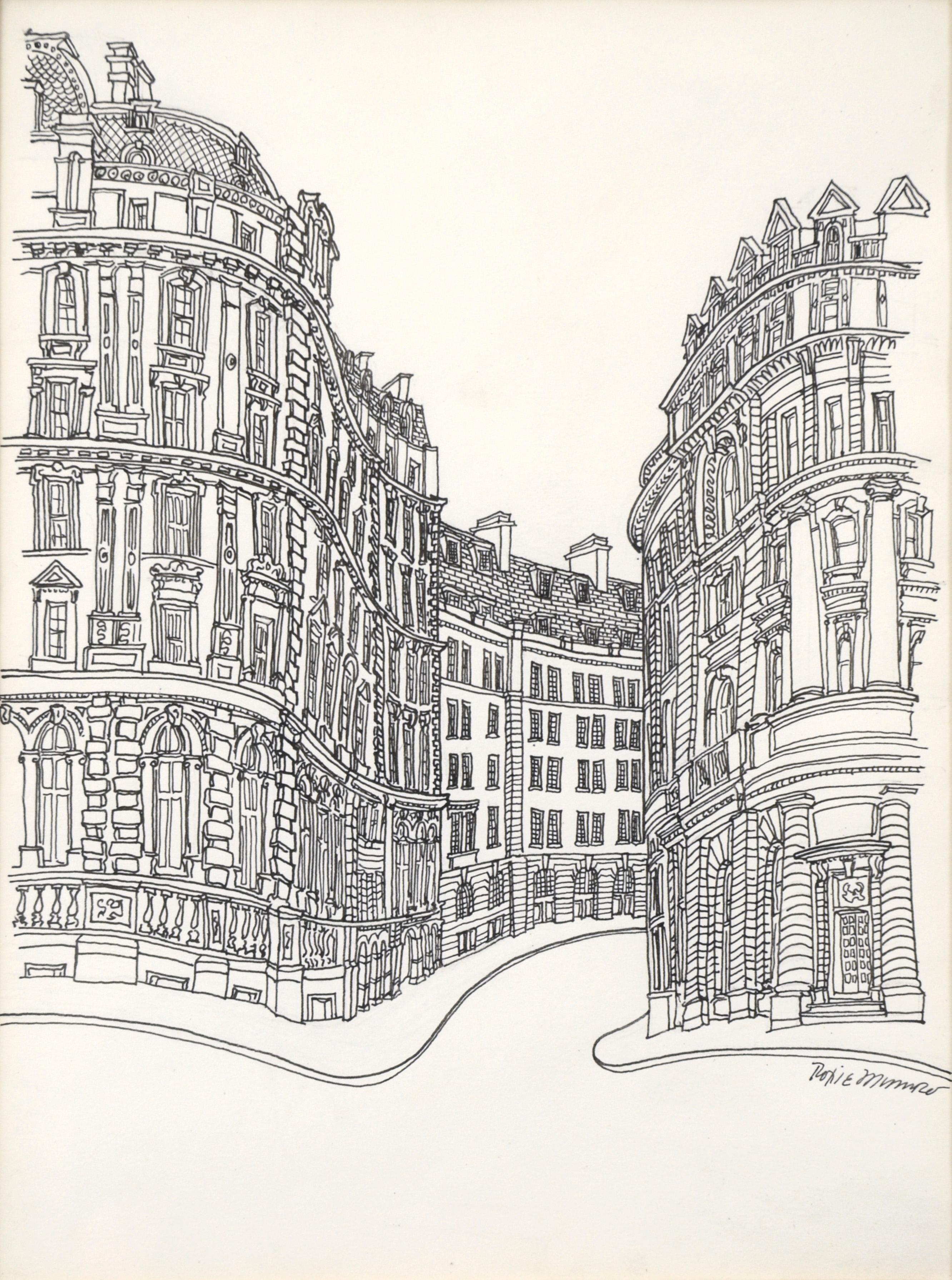European Street Scene - Original Ink Line Drawing - Art Fotorrealista de Roxie Munro